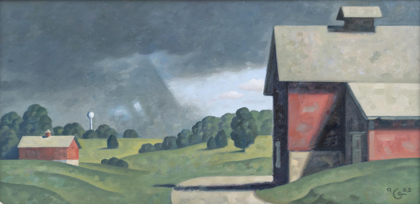 Landscape Painting Robert Goldstrom - Barns rouges, Cherry Valley (Study) paysage contemporain encadré