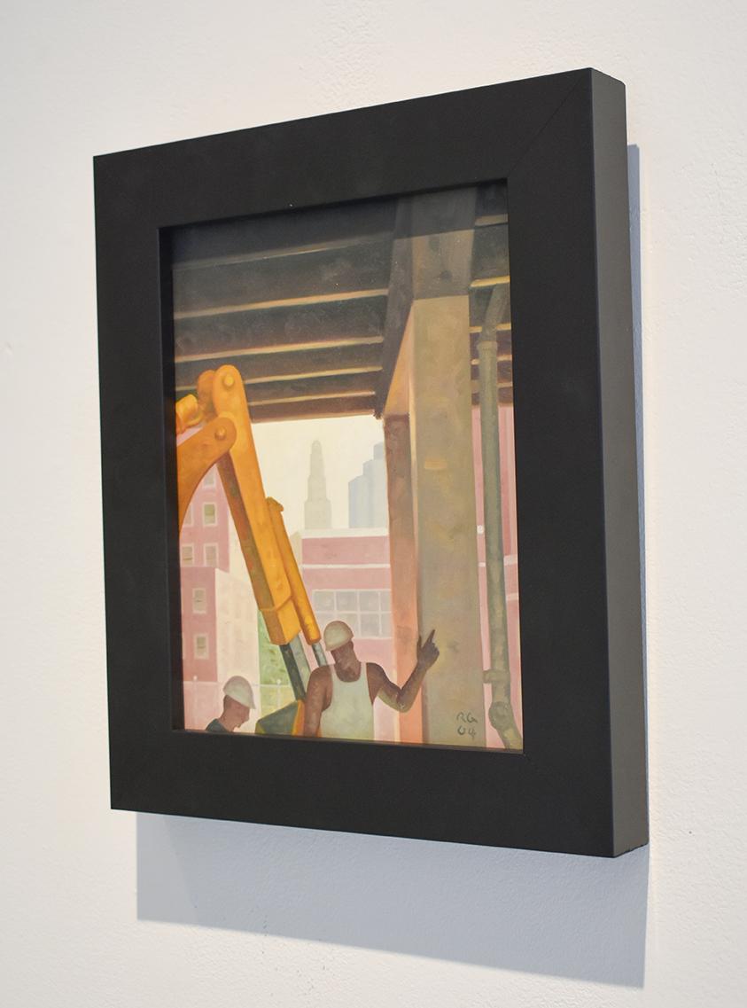 Road Work (Framed Cityscape Oil Painting of Manhattan Construction Workers) - Brown Landscape Painting by Robert Goldstrom