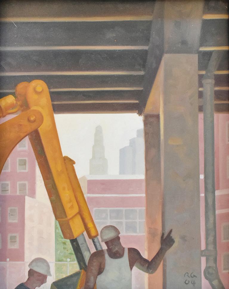 Robert Goldstrom Landscape Painting - Road Work (Framed Cityscape Oil Painting of Manhattan Construction Workers)