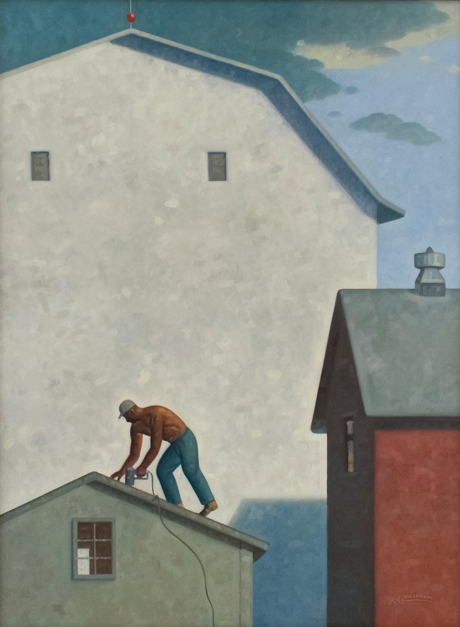 Roofer (Contemporary Architectural Painting, Oil on Linen, Framed)