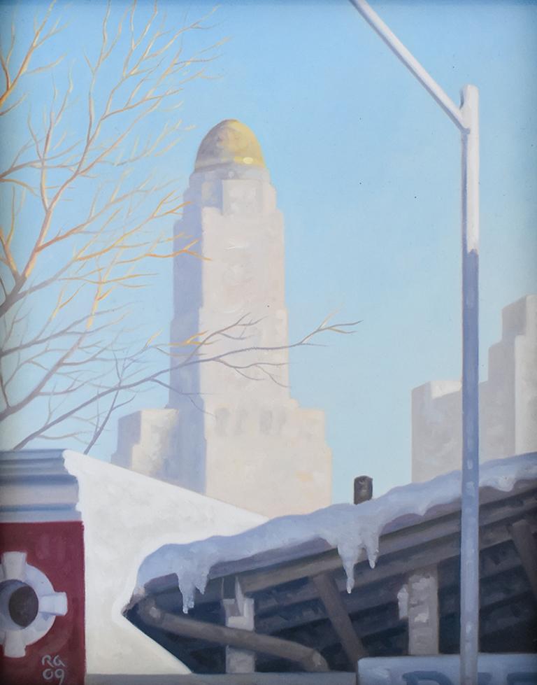 Snow Shed: Gerahmte Stadtlandschaft, Ölgemälde auf Tafel, Brooklyn, New York, im Winter