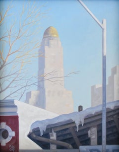 Peinture à l'huile sur panneau encadrée - Paysage de neige encadré de Brooklyn à New York en hiver