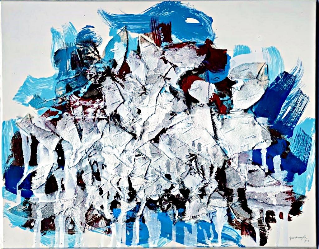 Abstract Painting de Robert Goodnough - Pintura sobre lienzo collage III (firmada e inscrita a un colega artista y comisario)