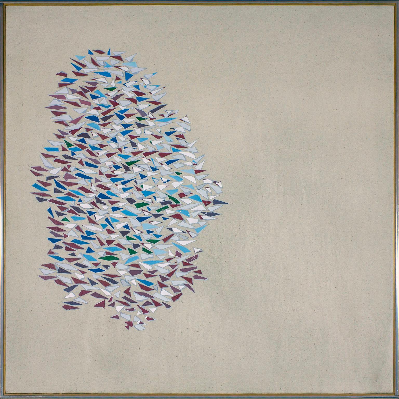 "Colors with Gray" Acryl und Öl auf Leinen abstraktes Gemälde von Künstler Robert Goodnough. Signiert "Colors with Gray" goodnough 1976-1977 Acryl + Öl goodnough 76' - '77 48 x 48 auf der Rückseite. Eine Masse von farbigen Dreiecken und vierseitigen