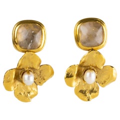 Robert Goossens Gilded Metal Floral Clip Earrings with Pearls and Rock Crystal