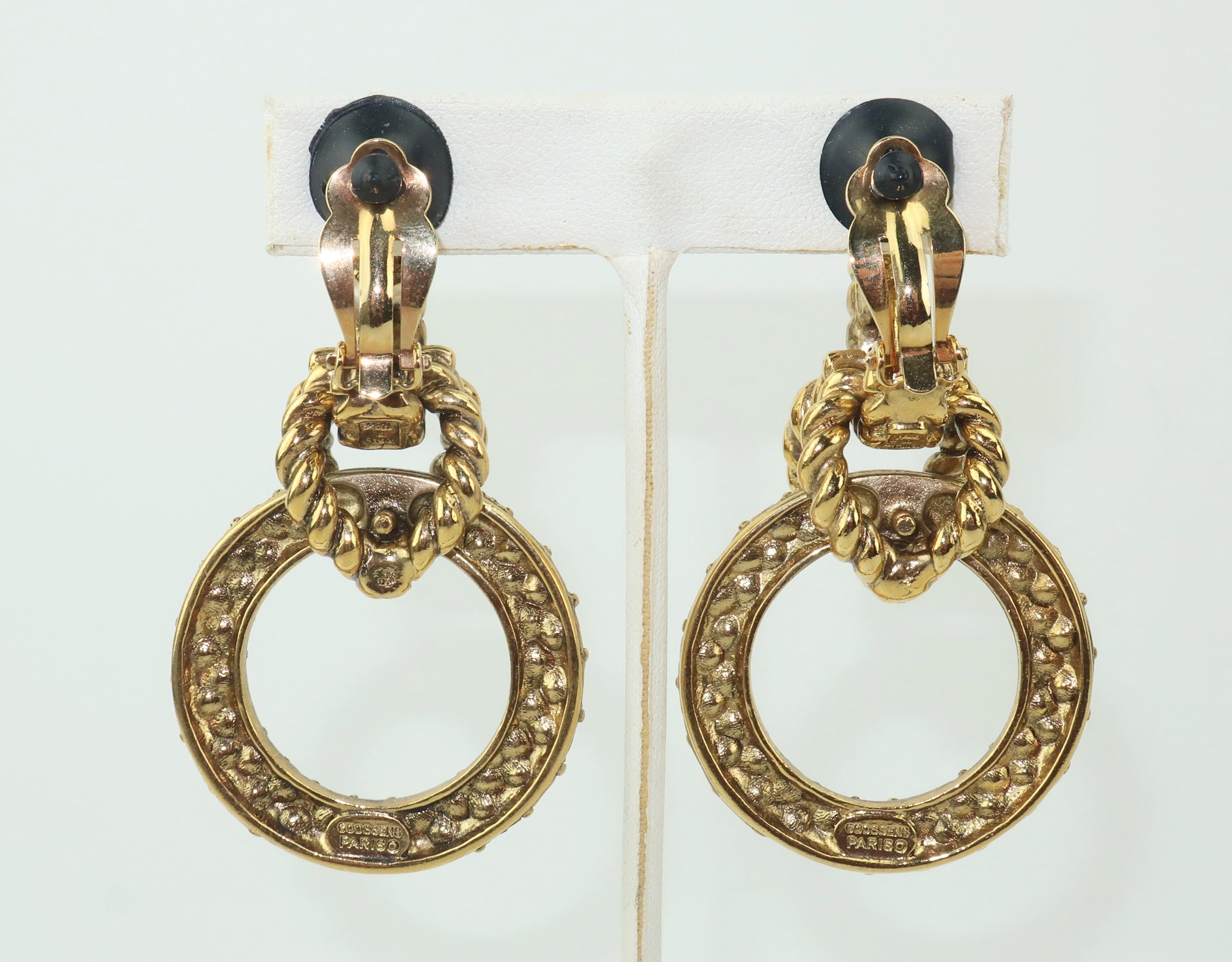 Byzantine Robert Goossens Gold Tone Door Knocker Rhinestone Earrings, 1980's