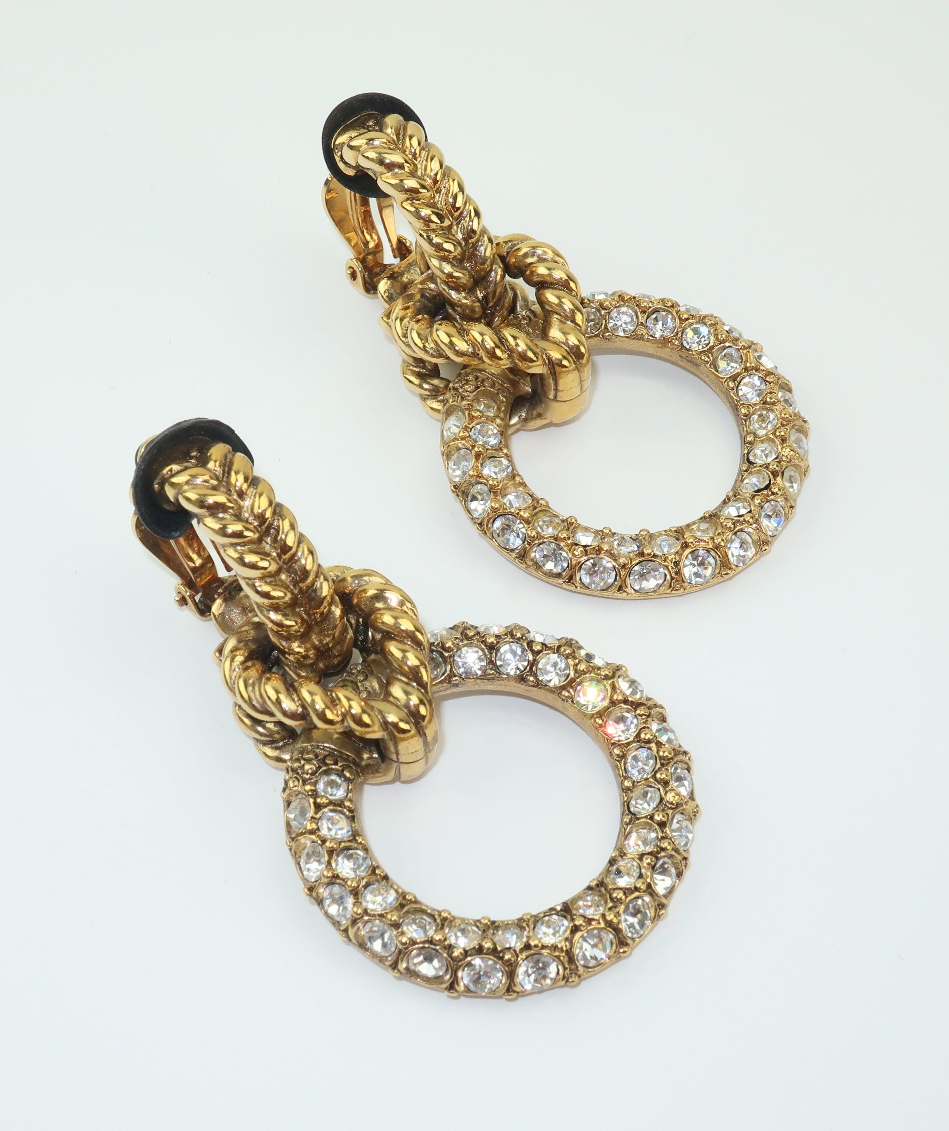 Women's Robert Goossens Gold Tone Door Knocker Rhinestone Earrings, 1980's