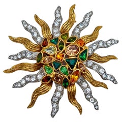 Robert Goossens Vintage Large Gold Metal and Crystals Sun Brooch