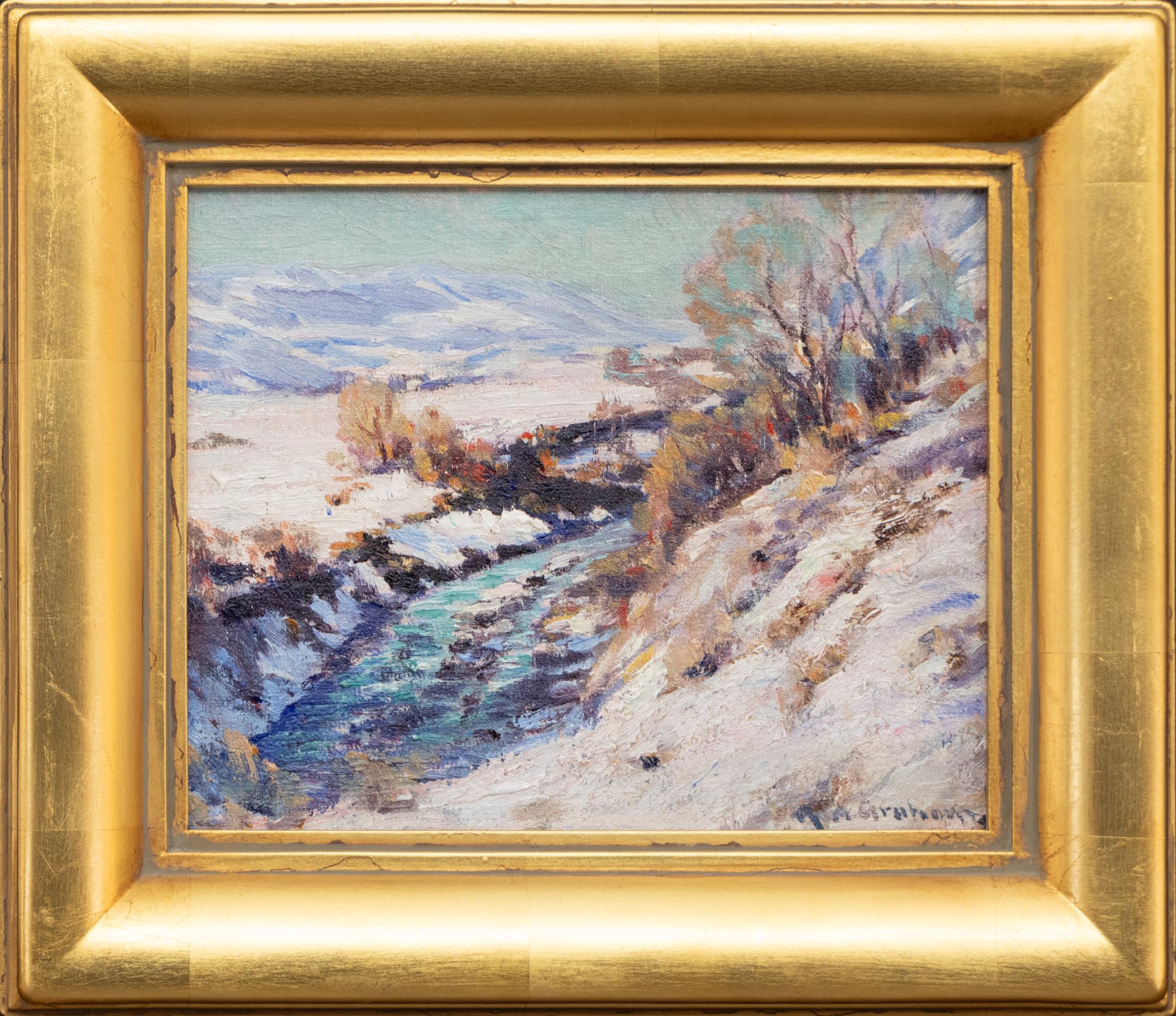 Nieve derritiéndose: Pintura al óleo de los años 30 de un paisaje de Colorado con arroyo y montañas - Painting de Robert Graham