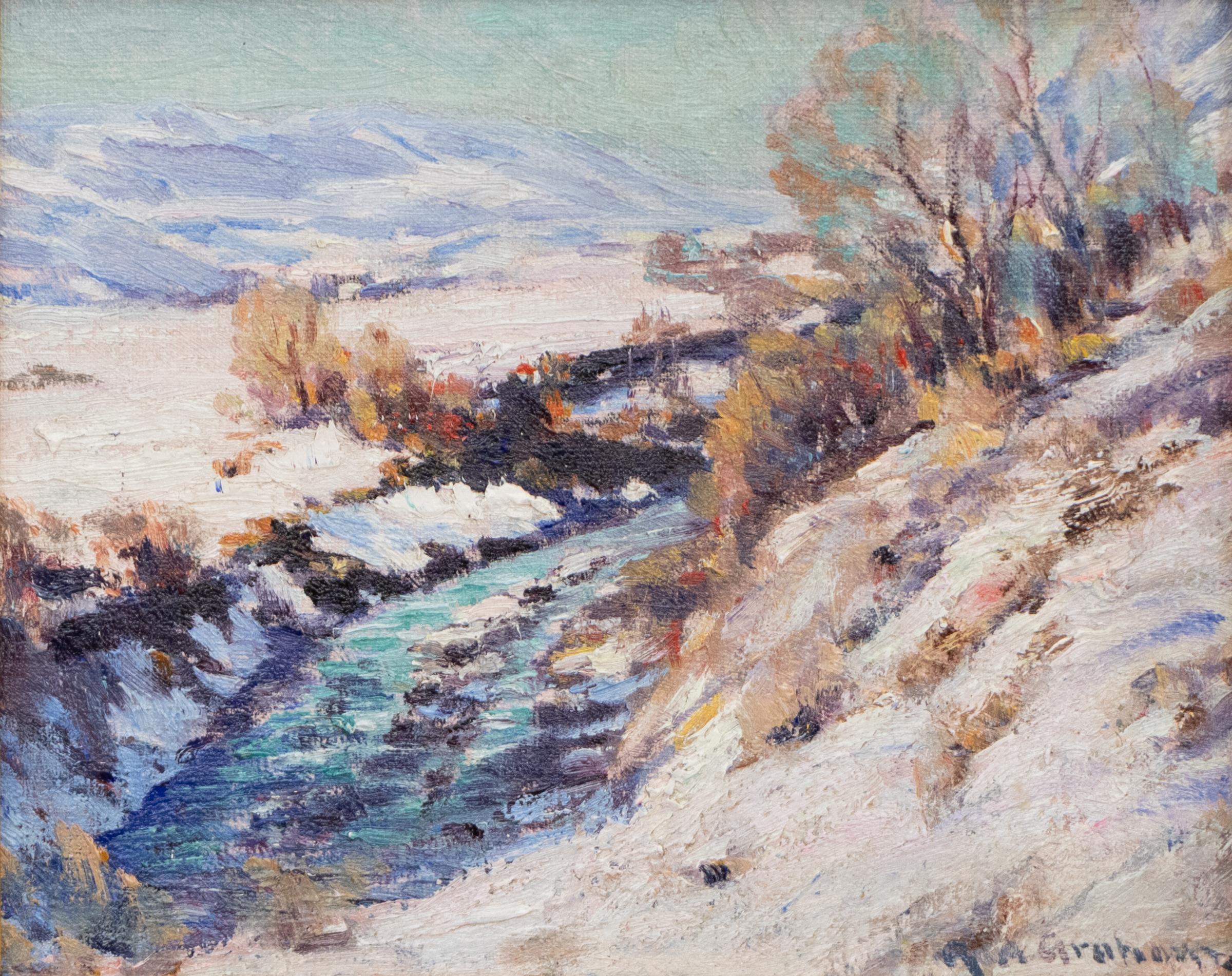 Landscape Painting de Robert Graham - Nieve derritiéndose: Pintura al óleo de los años 30 de un paisaje de Colorado con arroyo y montañas