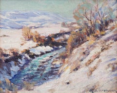 Melting Snow: 1930s Oil Painting of Colorado Landscape with Creek & Mountains