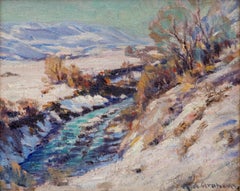 Melting Snow: 1930s Oil Painting of Colorado Landscape with Creek & Mountains