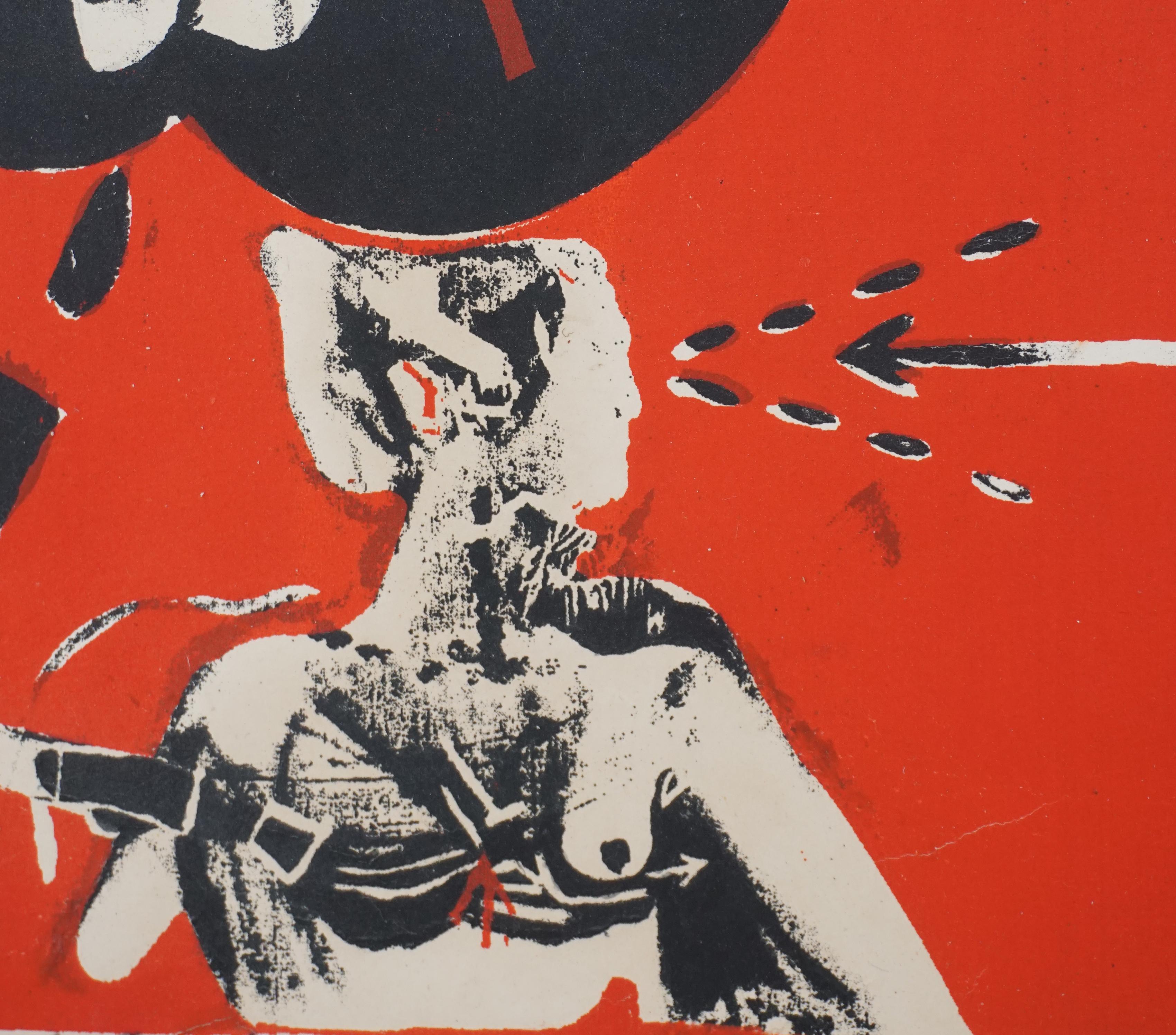 Wonderful mid century abstracted figurative silkscreen in red and black. Titled 