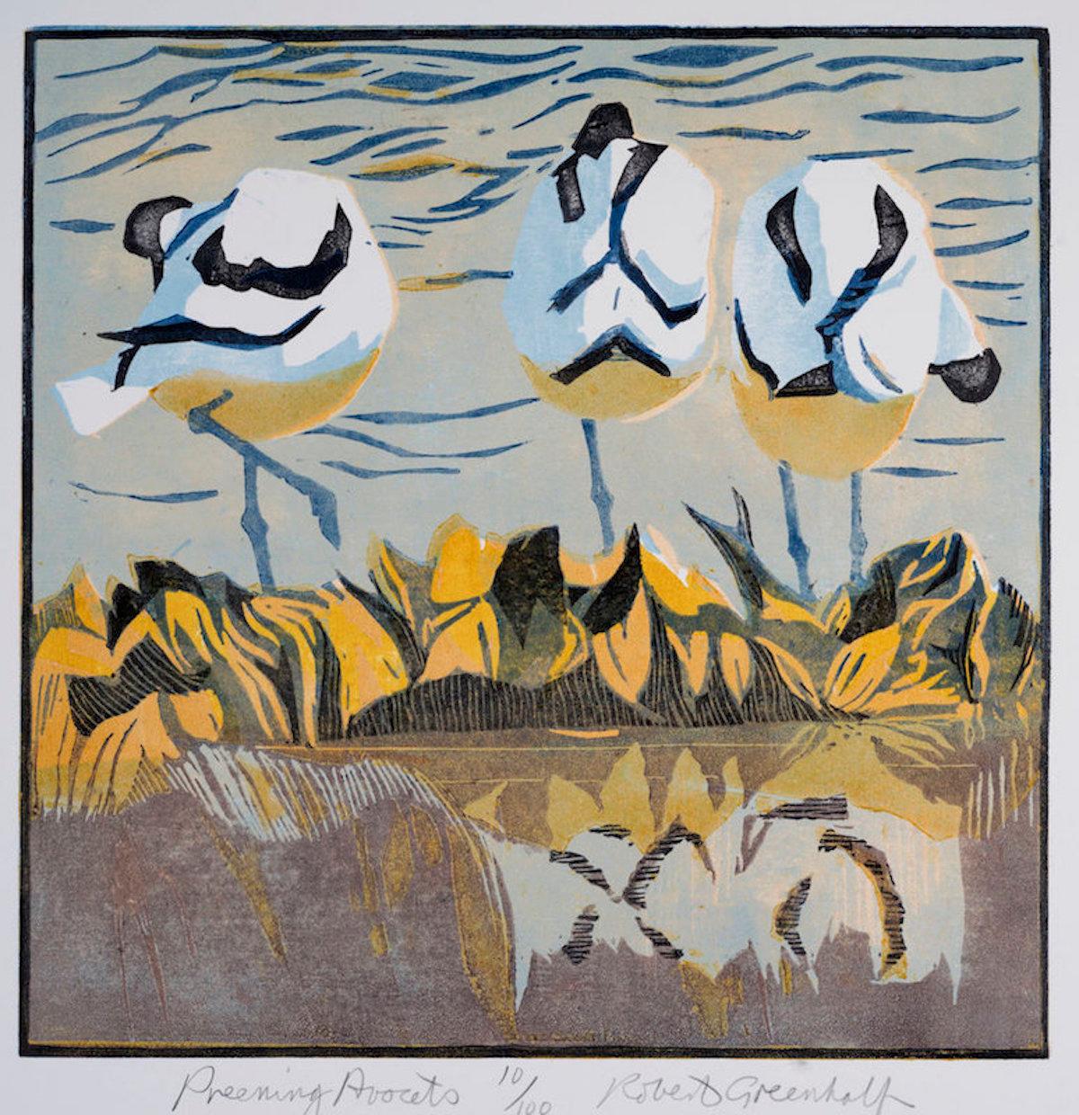 Später September, Preening Avocets and Departure Triptychon im Angebot 1