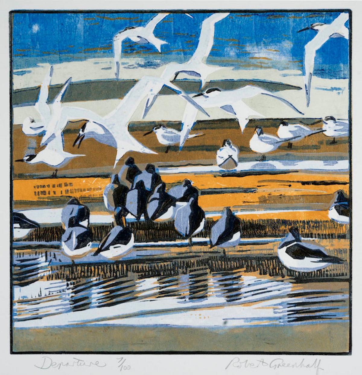 Später September, Preening Avocets and Departure Triptychon im Angebot 2