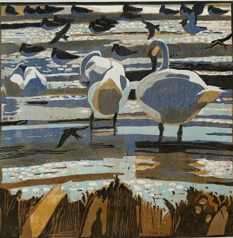 Late September by Robert Greenhalf [2021]

Late September is a limited edition print by artist Robert Greenhalf. Made using woodcut printing techniques and an organic earthy color scheme. The compositoin features two swans in a riverbank scene.