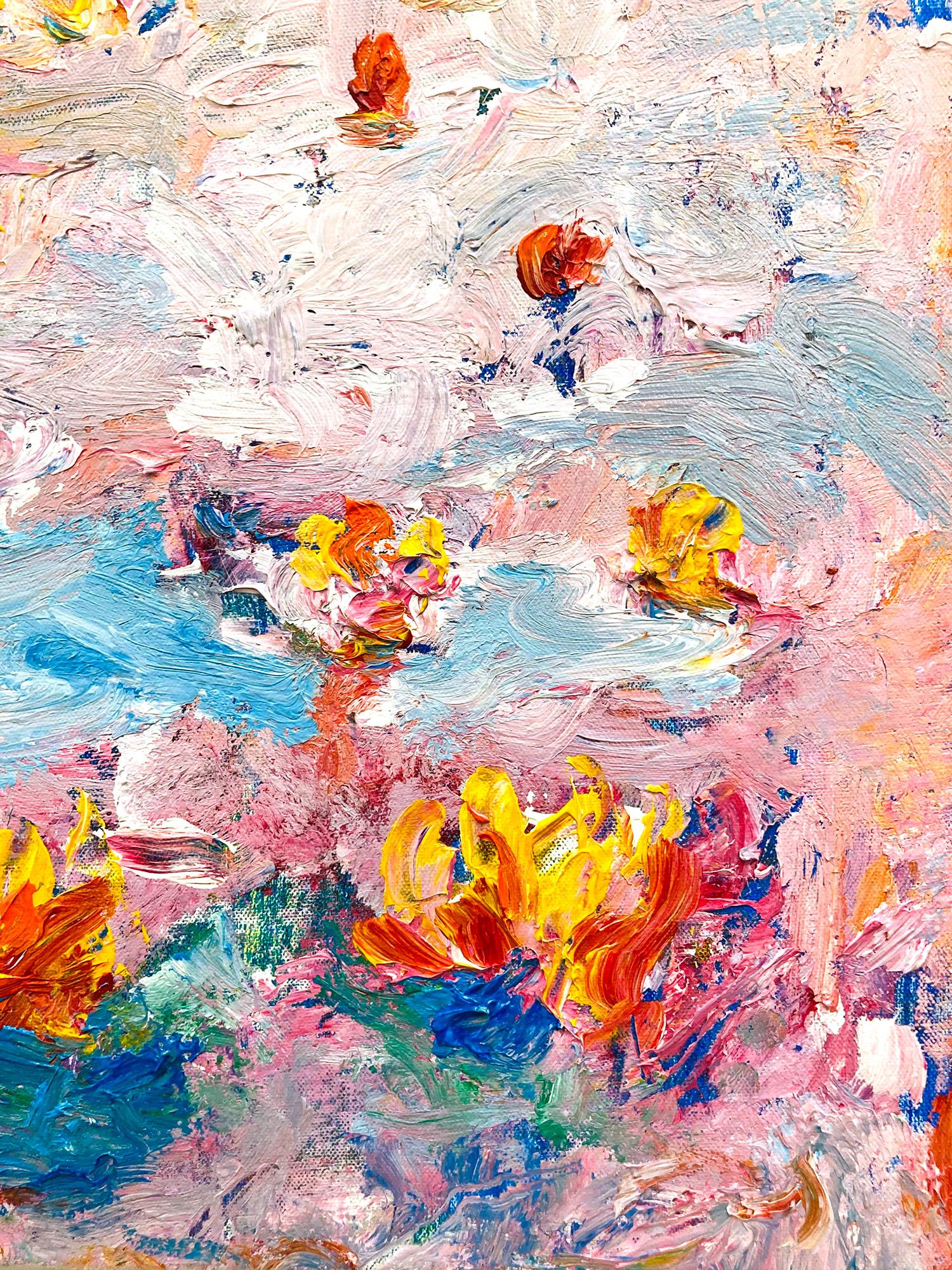 An abstract expressionist acrylic painting on canvas with wonderful color combinations of whites, pinks, yellow and effortless lines and shapes. Inspired by Claude Monet's Lilly Pads, this piece is the artists interpretation layered with paint and