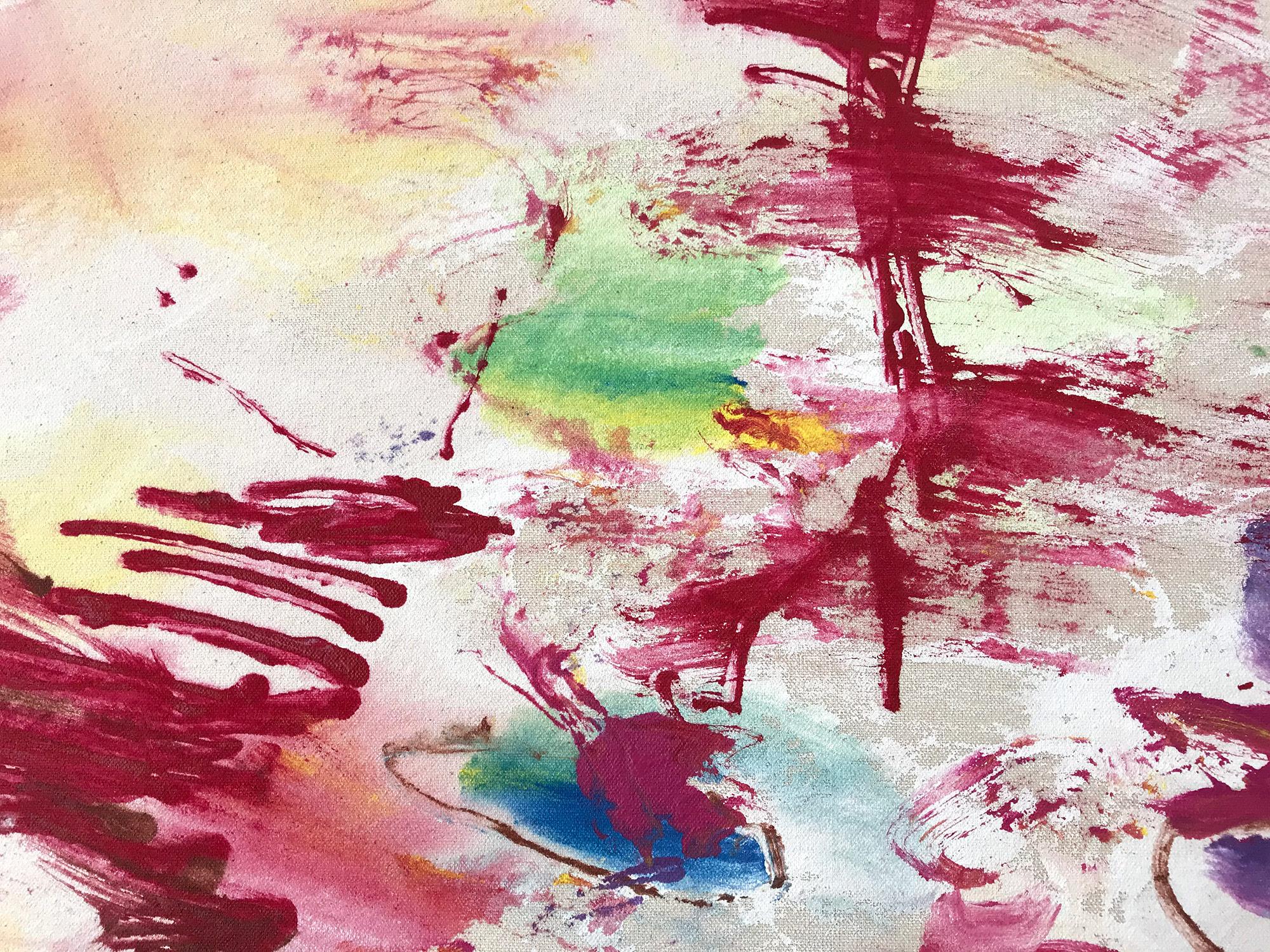 Ein abstraktes expressionistisches Acrylgemälde auf Leinwand mit wunderbaren Farbkombinationen aus zarten, rosafarbenen, gelben und mühelosen Linien und Formen. Dieses Stück ist Schicht mit Farbe und Textur, und hat eine weiche und doch dramatische