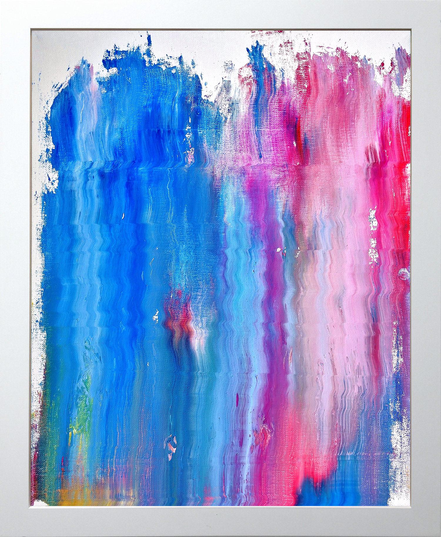 Abstract Painting di Robert Gregory Phillips - "Pioggia cadente" Pittura astratta contemporanea su tela a tecnica mista blu e rosa