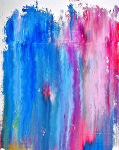 "Falling Rain" Contemporary Blue & Pink Mixed Media Abstract Painting on Canvas