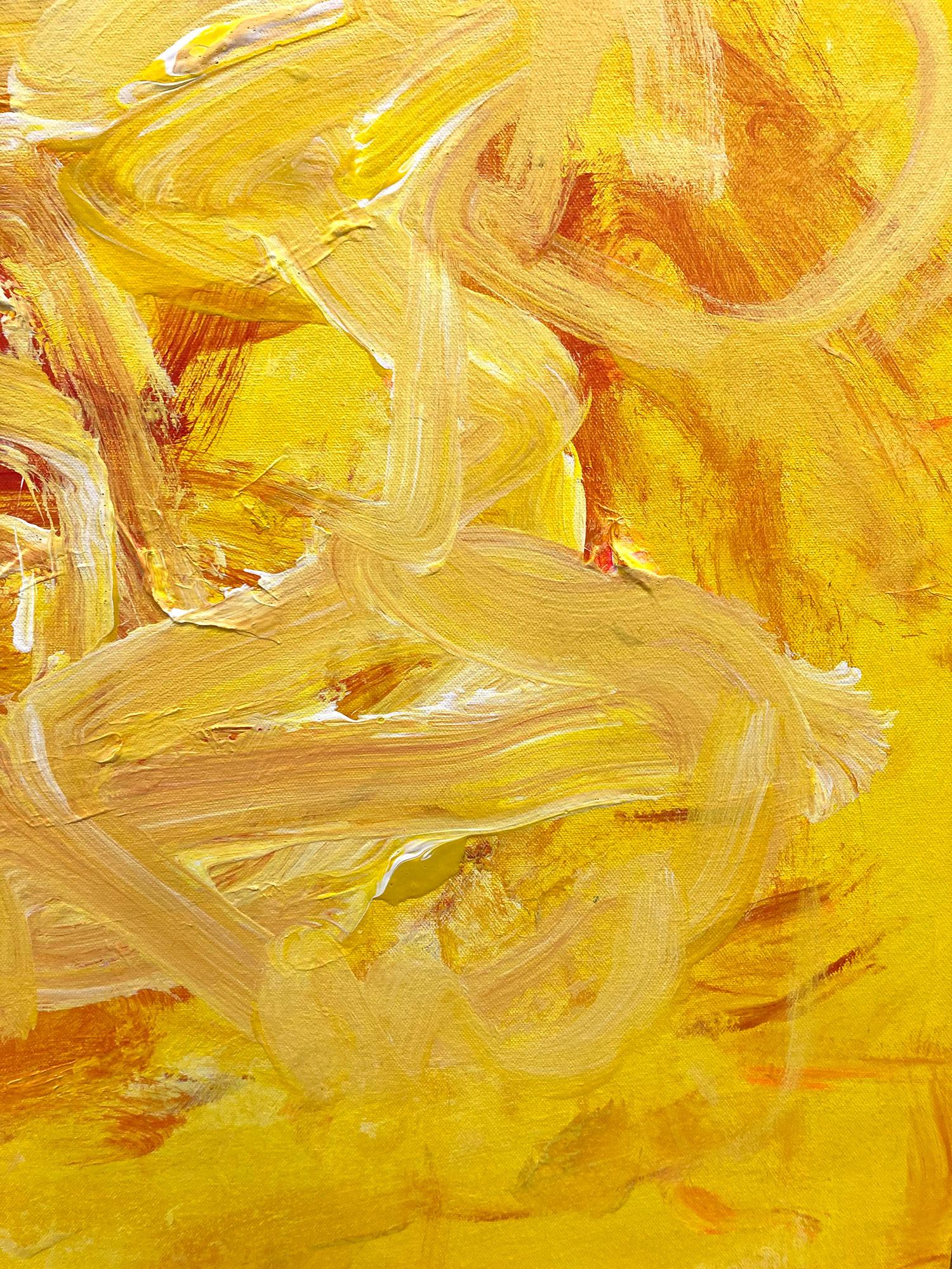 Une peinture acrylique expressionniste abstraite sur toile avec de merveilleuses combinaisons de couleurs du jaune profond aux blancs doux. Une belle pièce décorative de grande taille, élégante et chic, avec du mouvement et de la profondeur. Signé