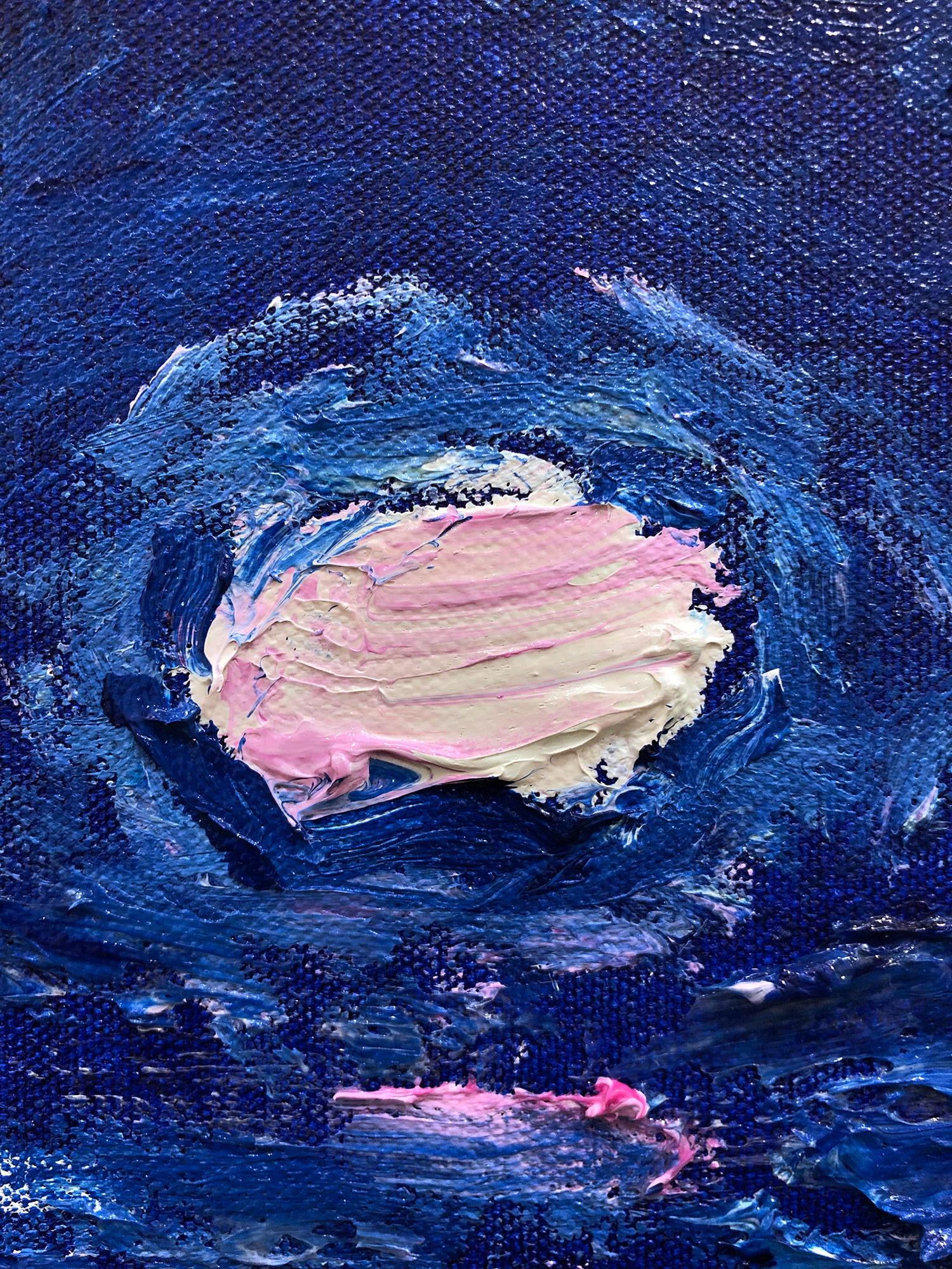 Un dipinto astratto espressionista in acrilico su tela con meravigliose combinazioni di colori di un profondo blu notte, rosa e linee e forme senza sforzo. Questo pezzo, ispirato ai 