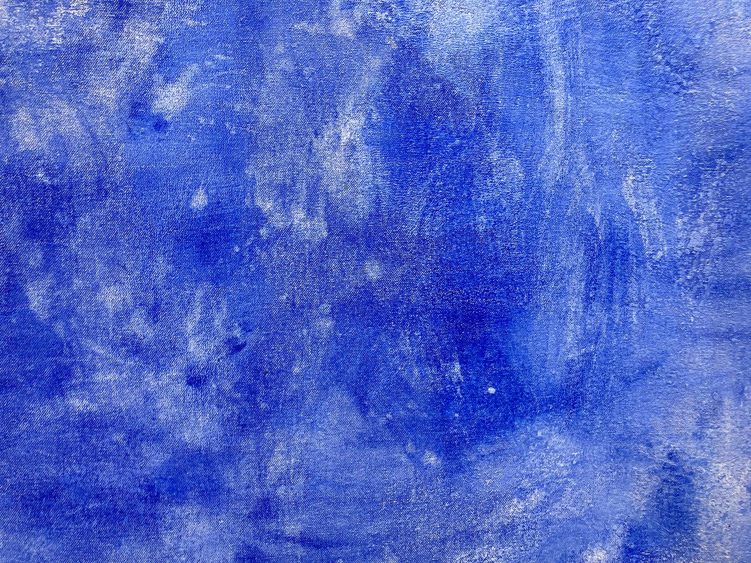 An abstract expressionist acrylic painting on canvas with wonderful color combinations of deep royal blue, into soft whites. A beautiful large, elegant and chic decorative piece with movement, and depth. Signed by the artist and comes with a COA