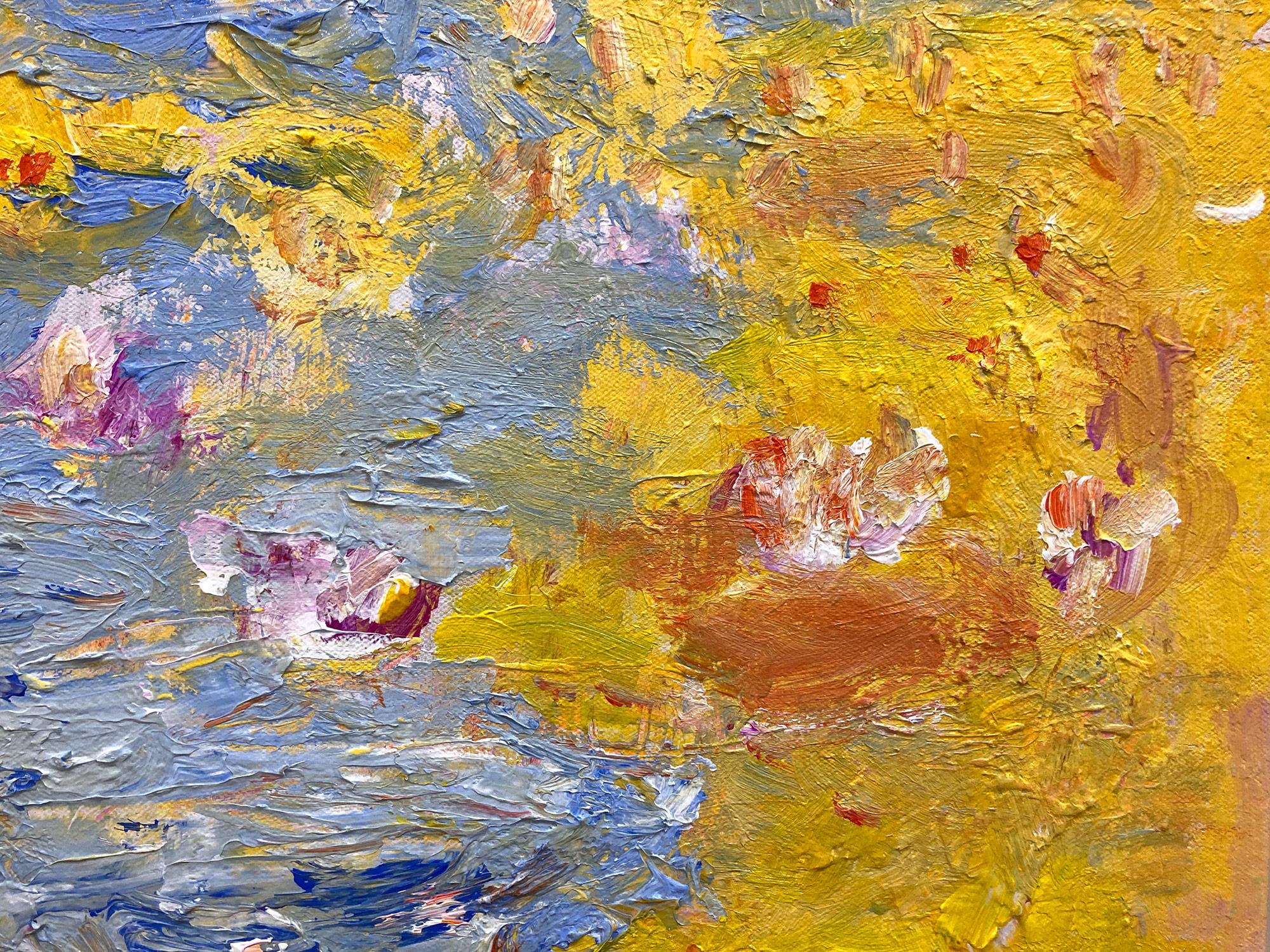 Una pintura acrílica expresionista abstracta sobre lienzo con maravillosas combinaciones de colores blancos, rosas, amarillos y líneas y formas sin esfuerzo. Inspirada en The Lilly Pads de Claude Monet, esta pieza es la interpretación de los