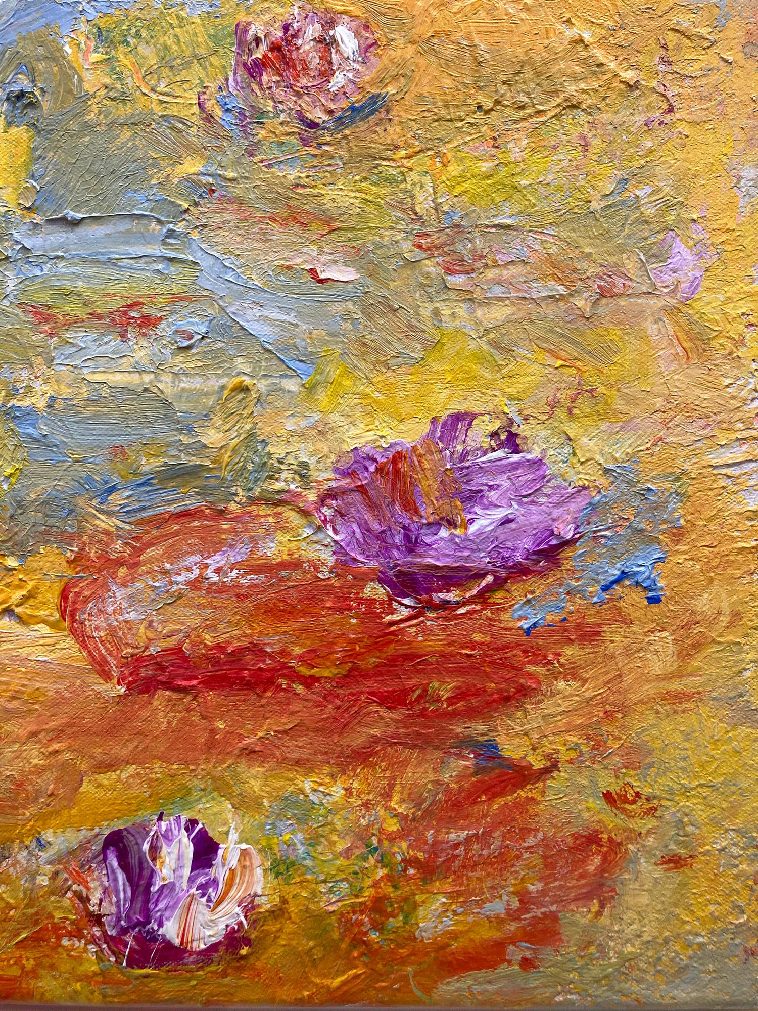 An abstract expressionist acrylic painting on canvas with wonderful color combinations of whites, pinks, yellow and effortless lines and shapes. Inspired by Claude Monet's Lilly Pads, this piece is the artists interpretation layered with paint and