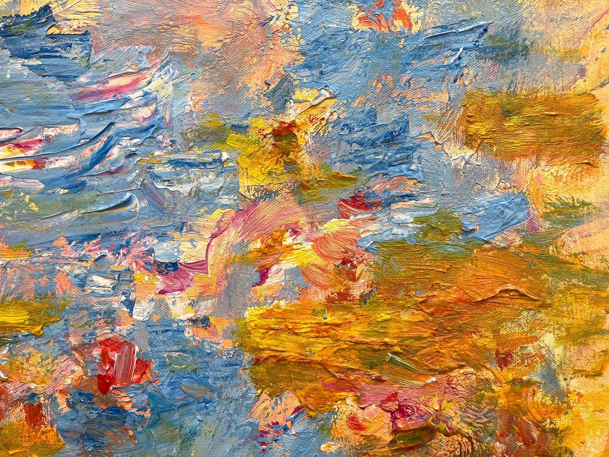Ein abstraktes expressionistisches Acrylgemälde auf Leinwand mit wunderbaren Farbkombinationen aus Weiß, Rosa, Gelb und mühelosen Linien und Formen. Inspiriert von Claude Monets 