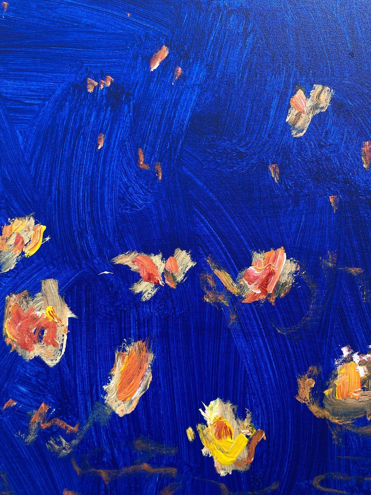 Un dipinto acrilico espressionista astratto su tela con meravigliose combinazioni di colori di un profondo blu reale, giallo e linee e forme senza sforzo. Questo pezzo, ispirato ai 