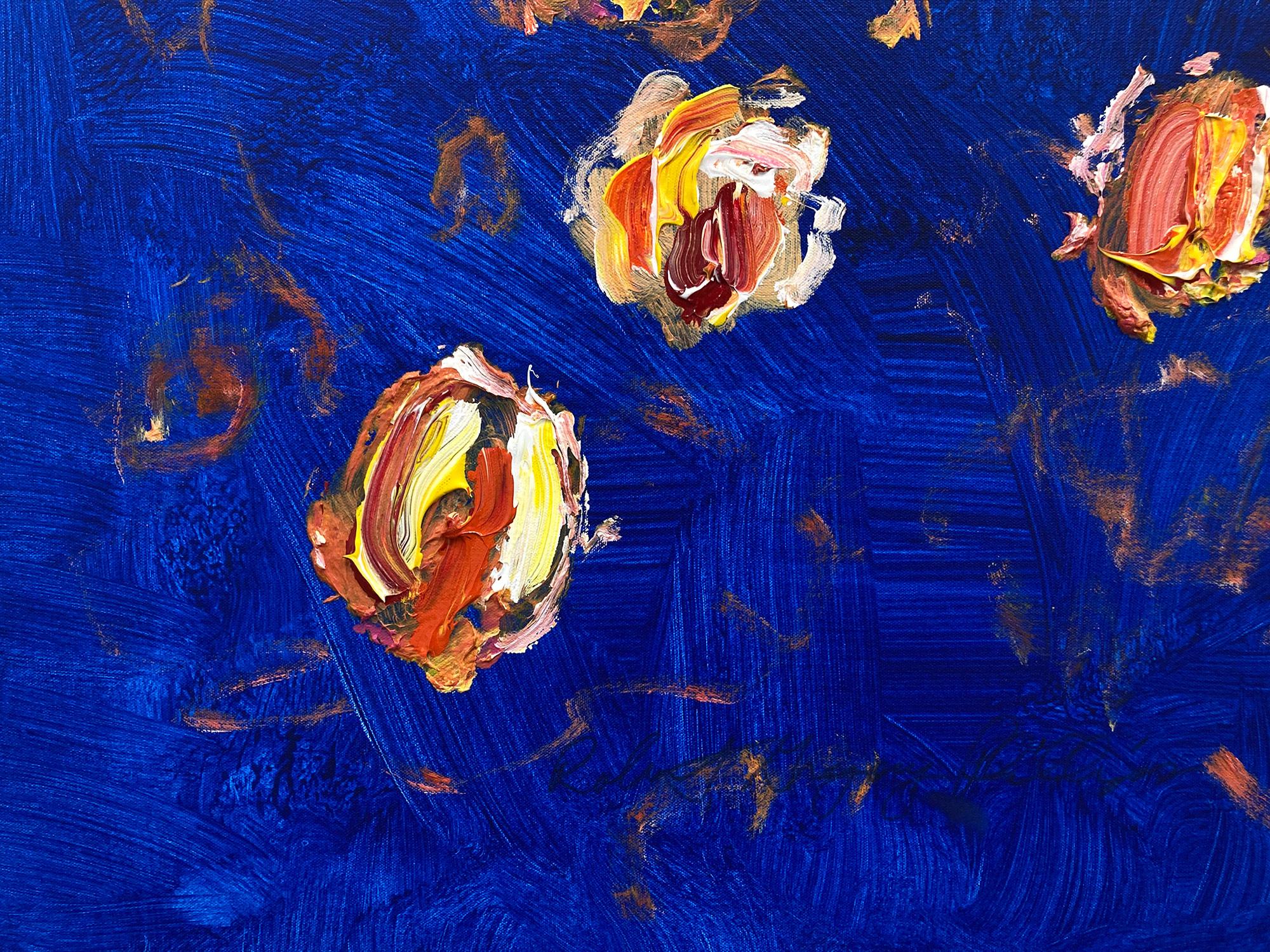 An abstract expressionist acrylic painting on canvas with wonderful color combinations of deep royal blue, yellow and effortless lines and shapes. Inspired by Claude Monet's Lilly Pads, this piece is the artists interpretation layered with paint and