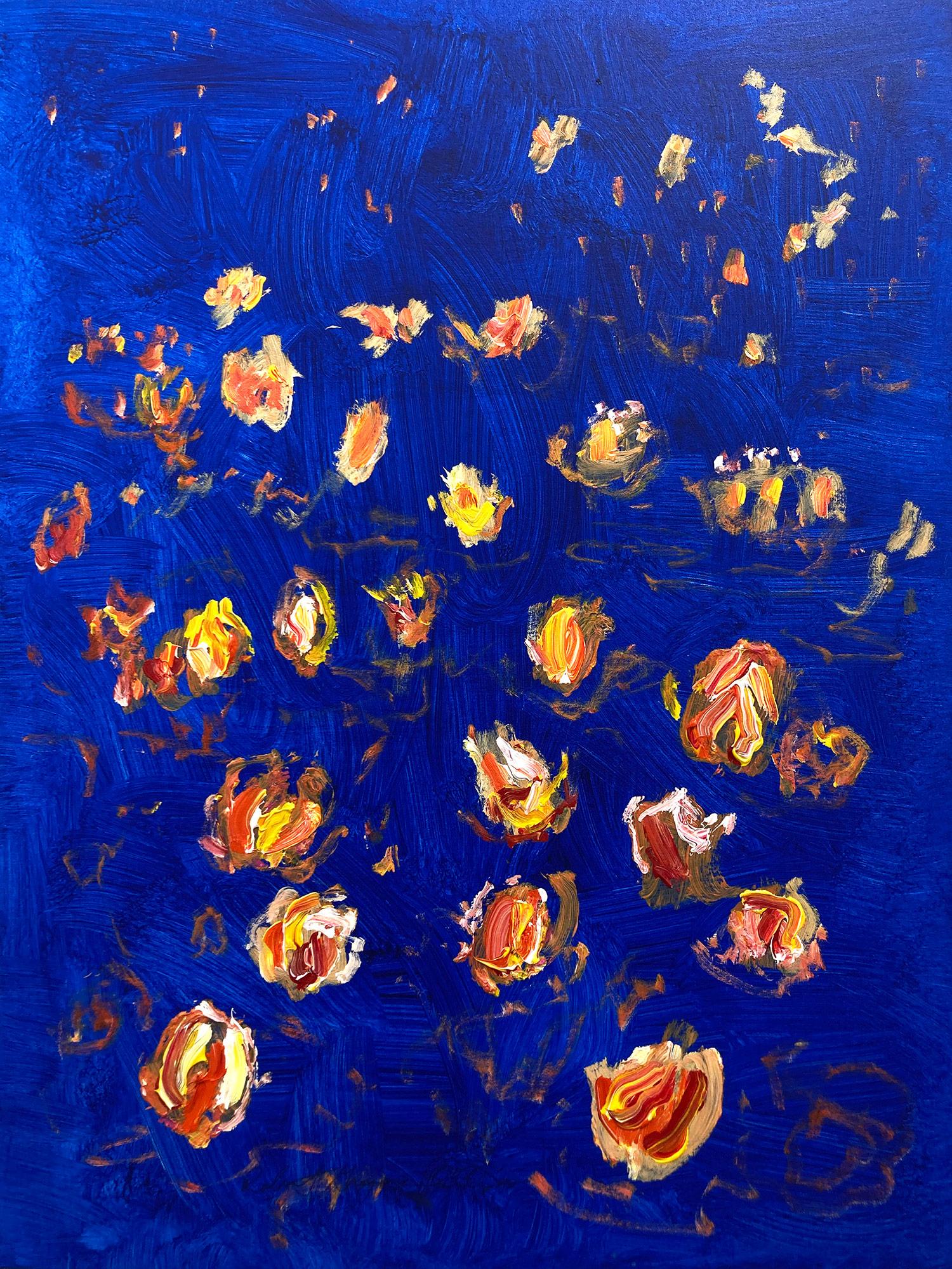 "The Water Garden in Deep Royal Blue" Acrylic Painting In the Style of Monet