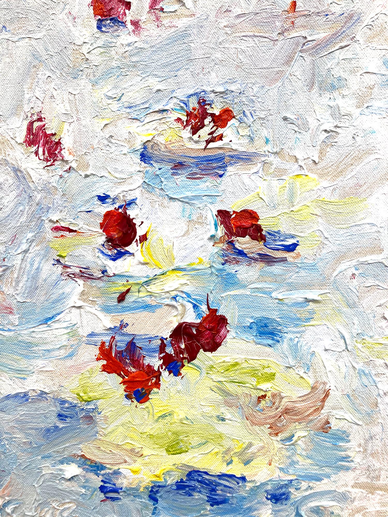 Un dipinto astratto espressionista in acrilico su tela con meravigliose combinazioni di colori: bianco, rosa, giallo e linee e forme senza sforzo. Questo pezzo, ispirato ai 