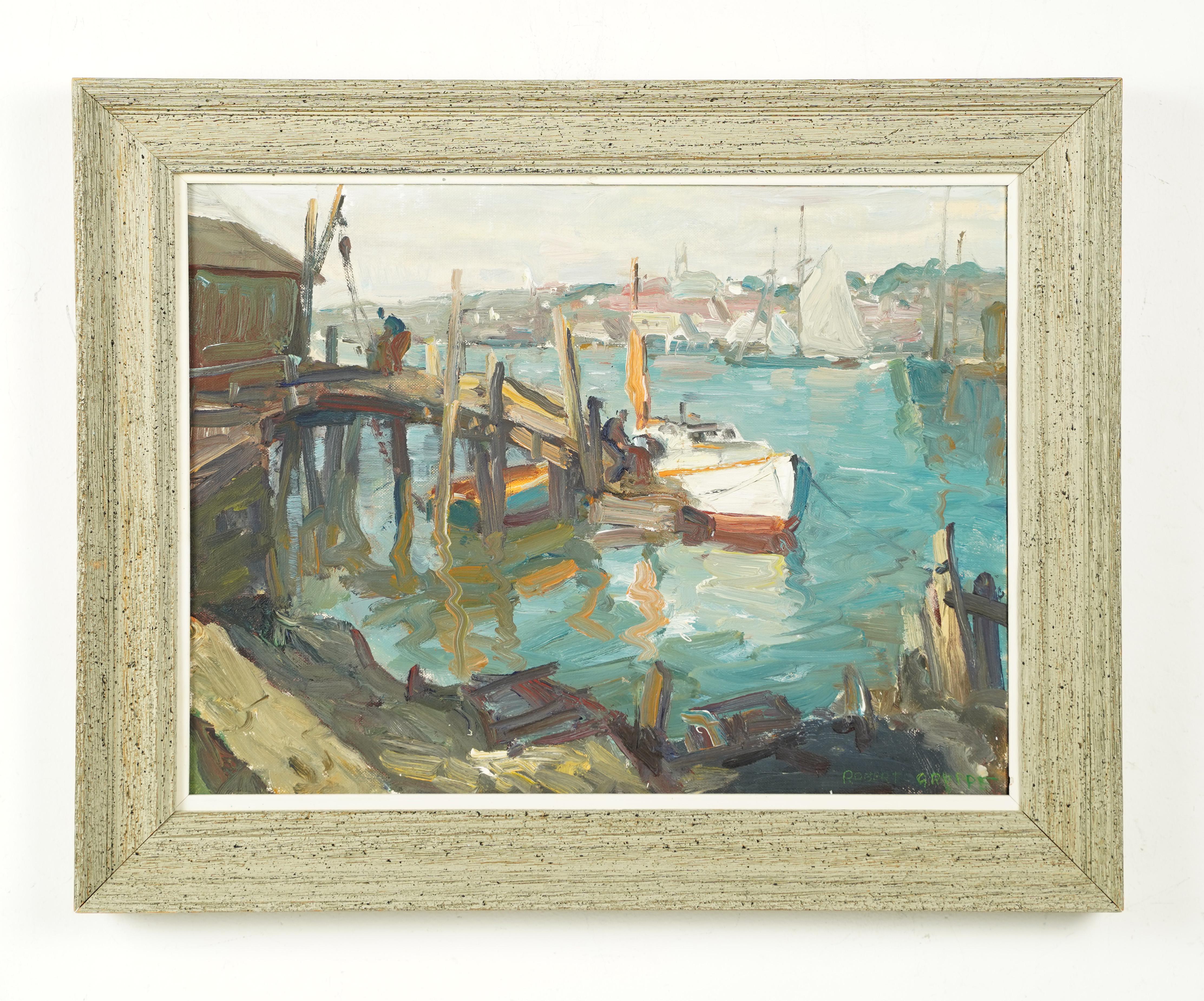 Antiguo cuadro al óleo impresionista firmado Gloucester Seascape Docks - Painting Impresionista de Robert Gruppe