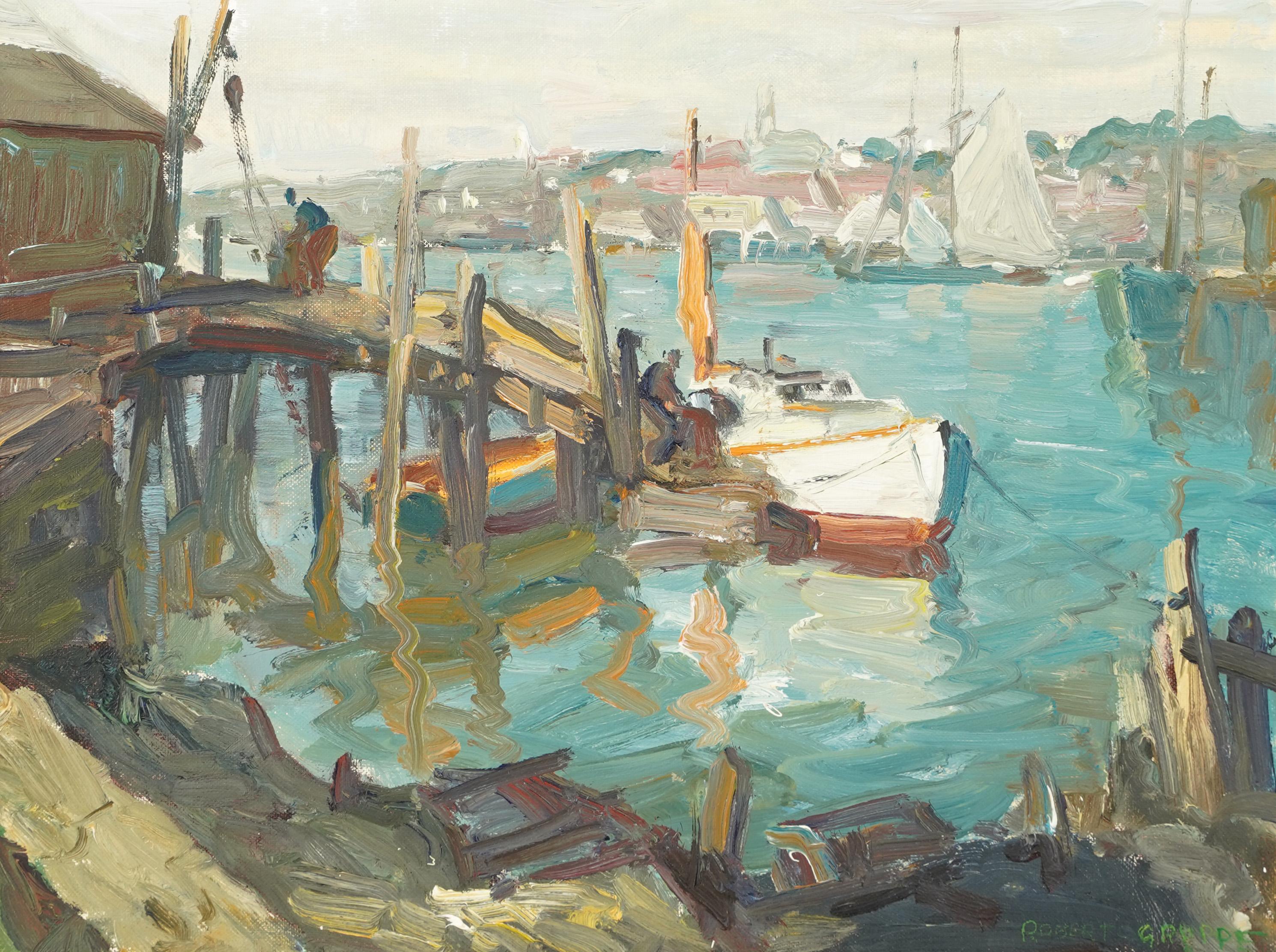 Antiguo paisaje marino impresionista americano firmado al óleo por Robert Gruppe (n1944).  Óleo sobre lienzo.  Firmado.  Enmarcado.  Tamaño de la imagen, 16L x 12H.