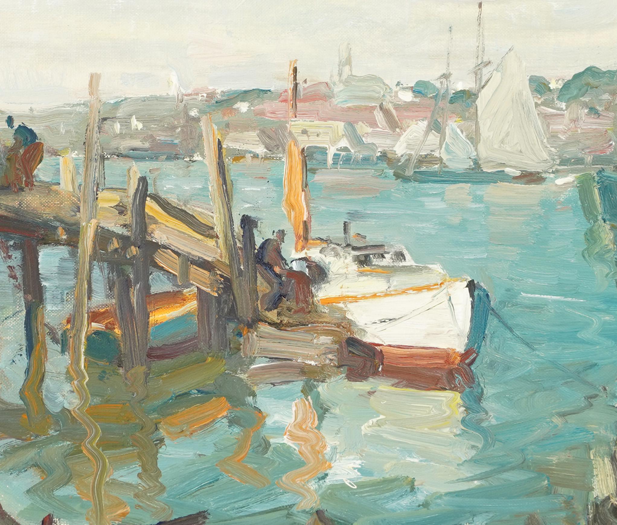 Antiguo cuadro al óleo impresionista firmado Gloucester Seascape Docks 1
