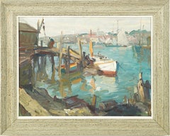 Antiguo cuadro al óleo impresionista firmado Gloucester Seascape Docks