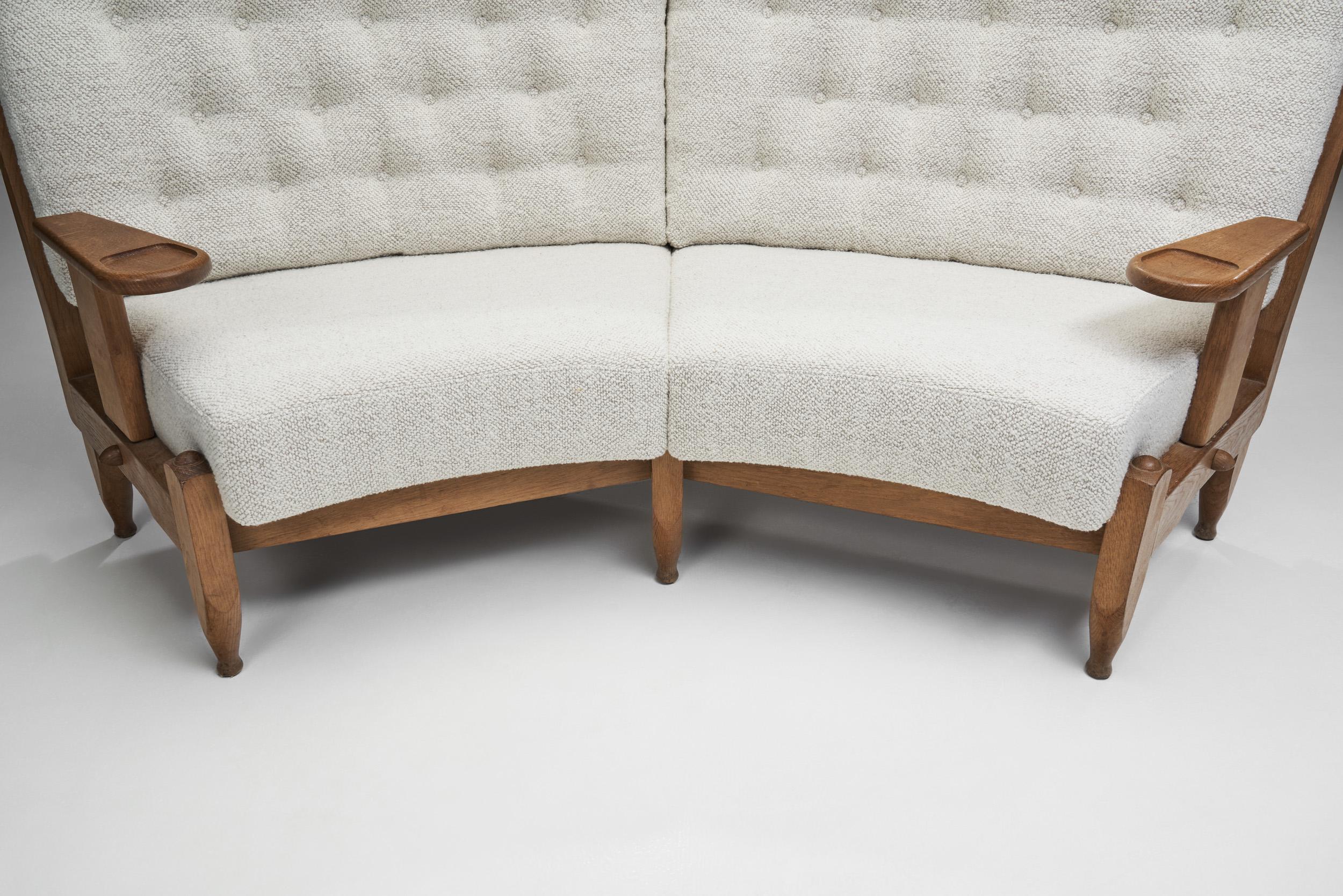 Fabric Robert Guillerme and Jacques Chambron Oak Angular Sofa, France 1960s