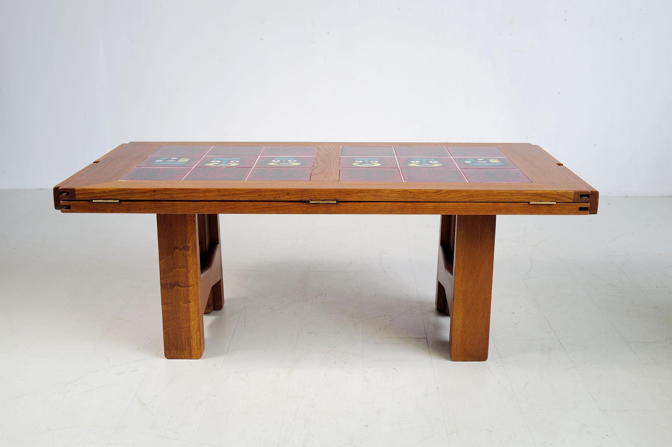 Robert Guillerme and Jacques Chambron, Solid oak table with ceramic decoration, 