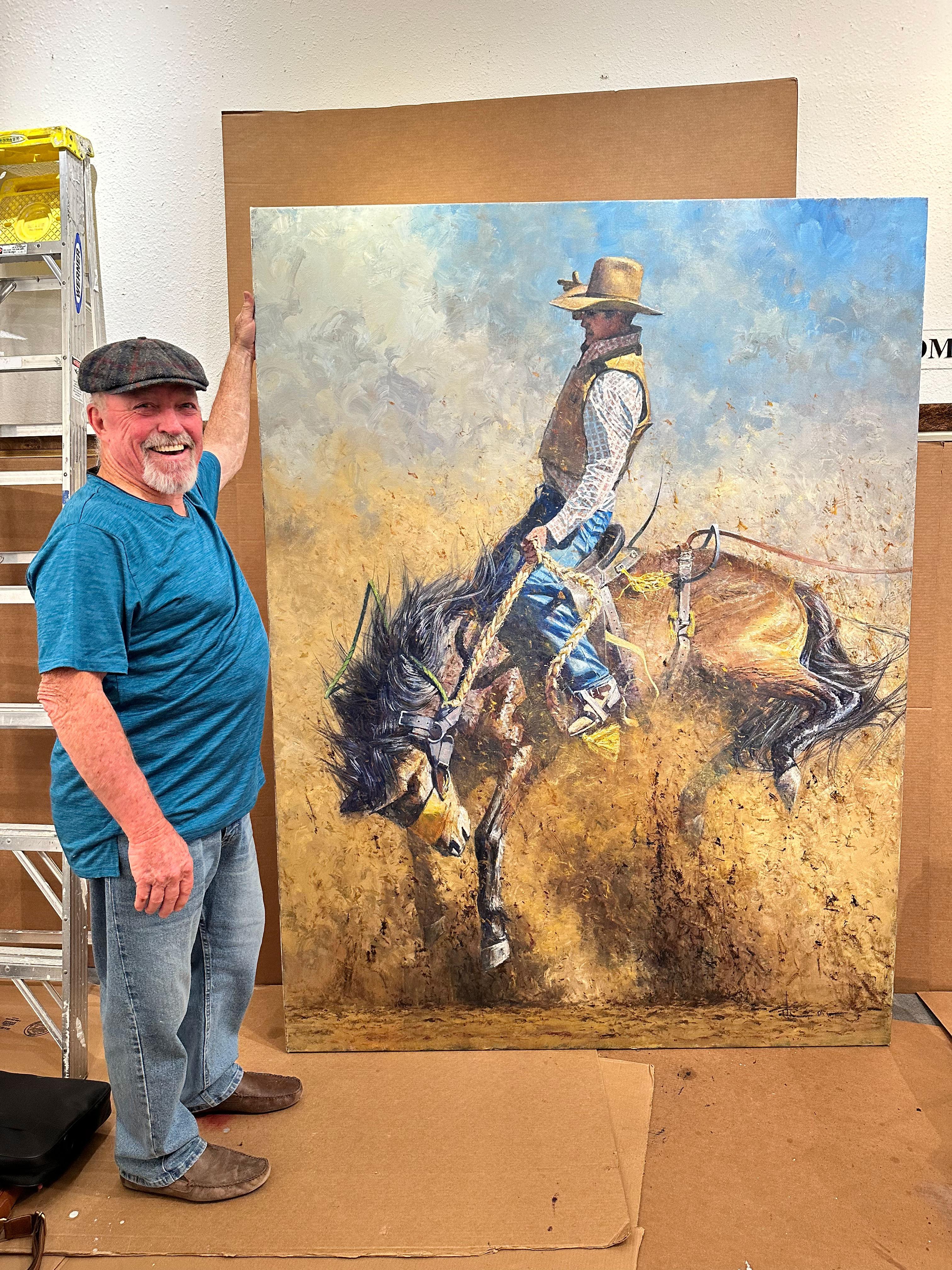 „Ain't My First Rodeo“, Robert Hagan, 80x60, Öl, Western, Impressionismus, Cowboy im Angebot 9