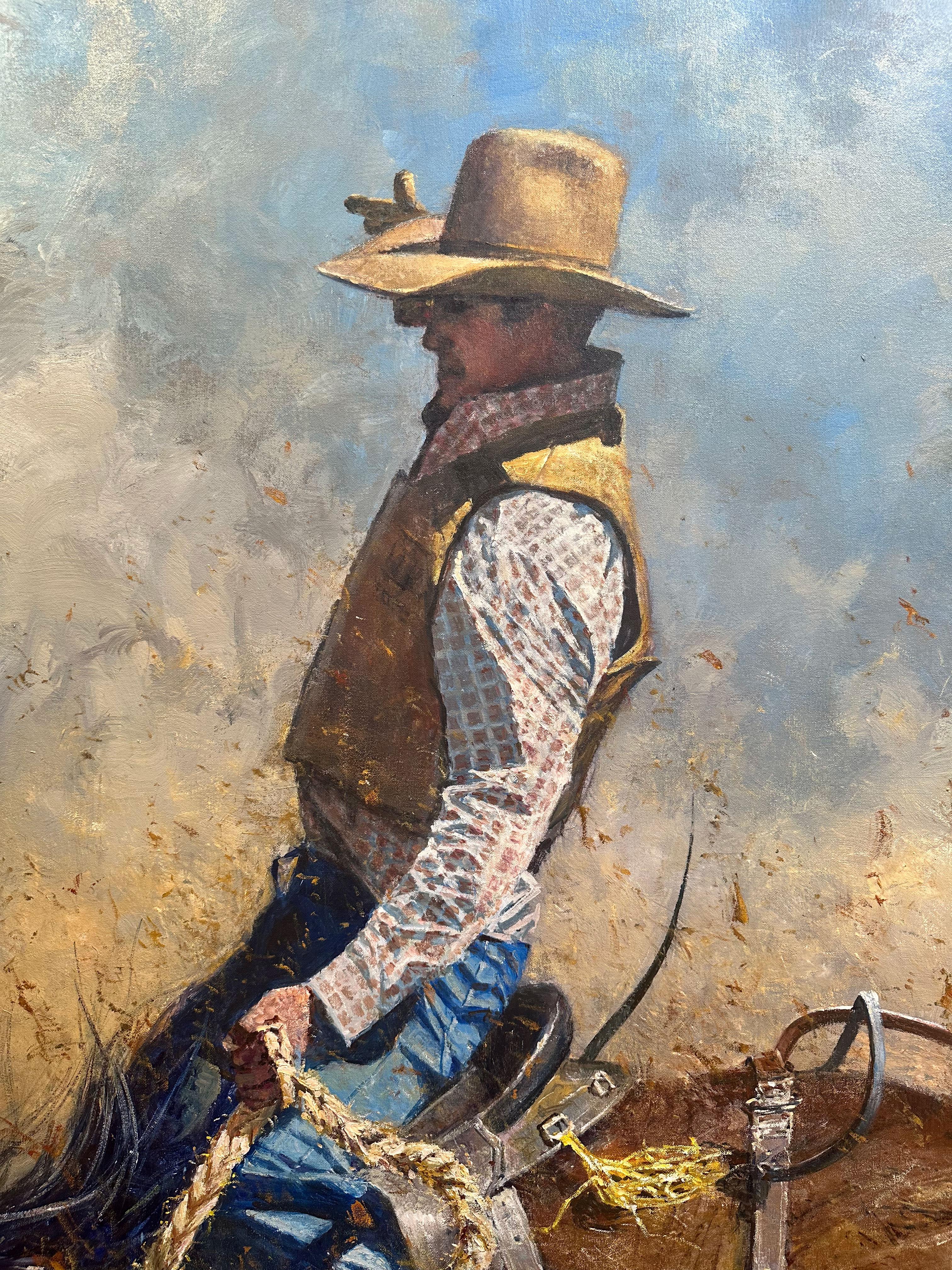 „Ain't My First Rodeo“, Robert Hagan, 80x60, Öl, Western, Impressionismus, Cowboy im Angebot 1