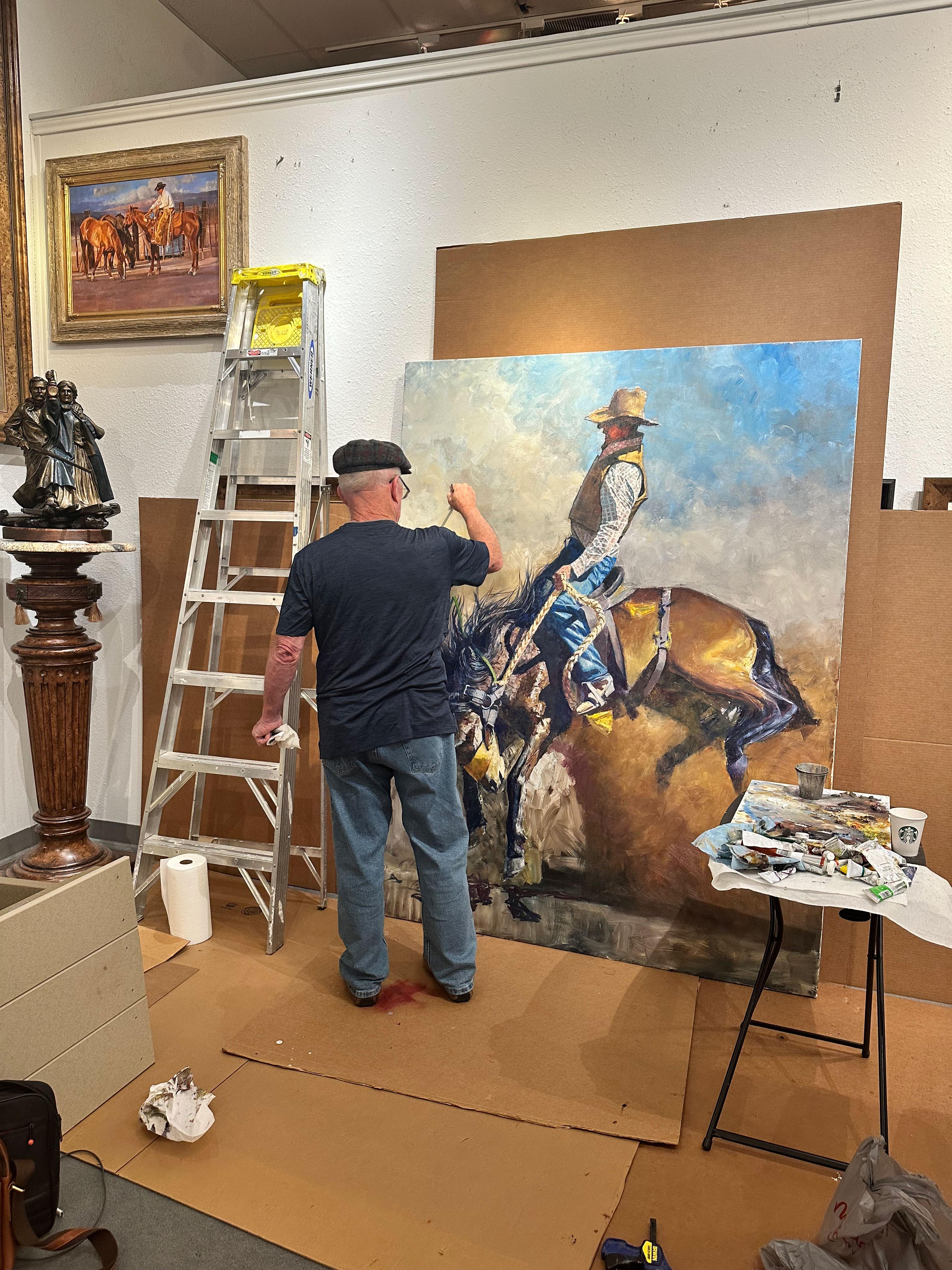 „Ain't My First Rodeo“, Robert Hagan, 80x60, Öl, Western, Impressionismus, Cowboy im Angebot 8