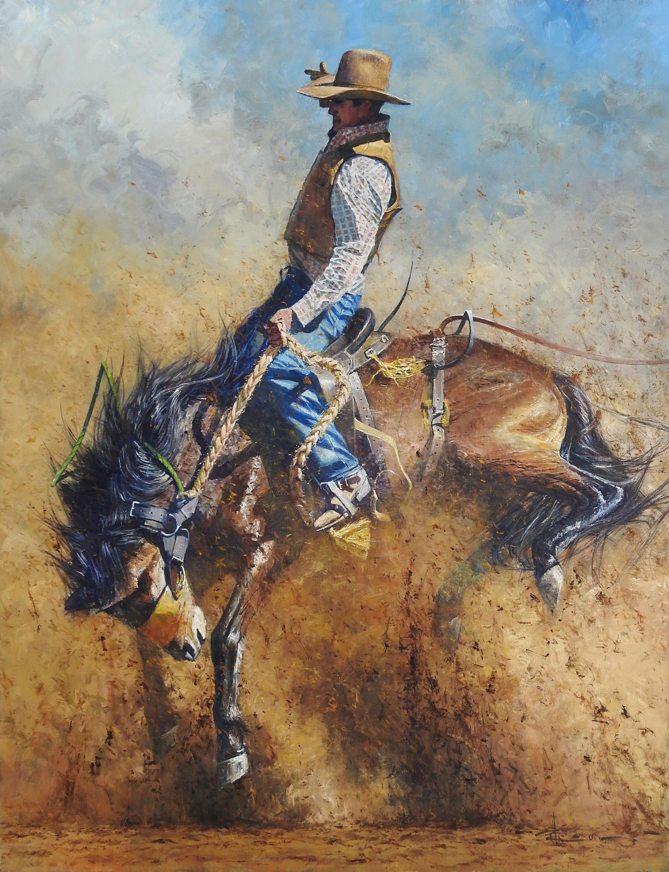 "Ain't My First Rodeo" de Robert Hagan est une huile originale sur toile et mesure 80x60 in.  Cette grande peinture originale de l'Ouest est l'œuvre de l'artiste australien Robert Hagan,  représente un cow-boy chevauchant un majestueux cheval brun à