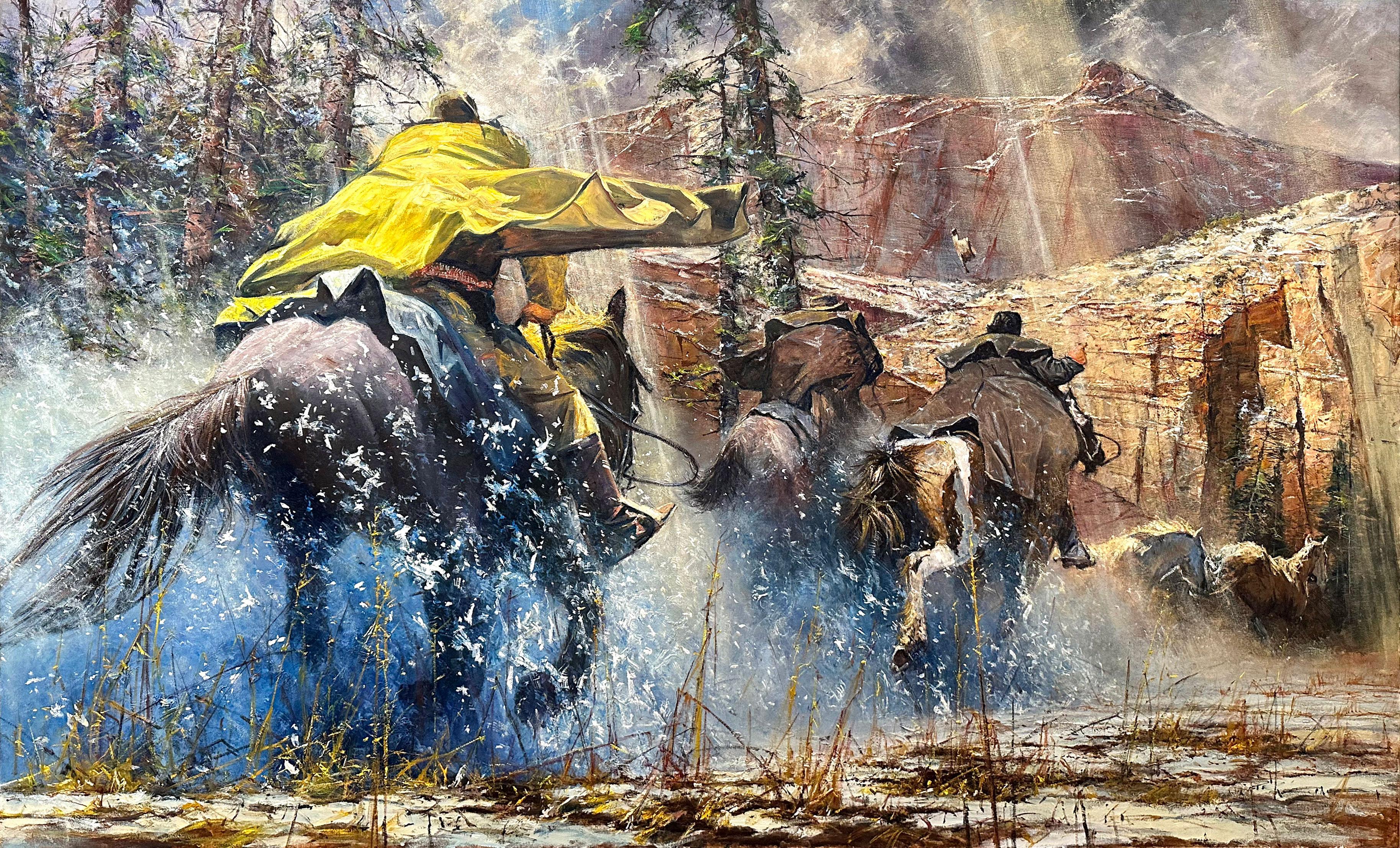 "Canyon Renegades" by Robert Hagan is an original oil on canvas and measures 62x96.  
In this large original painting by Robert Hagan, three cowboys on horseback run through the canyon mountains kicking up dust trying to reign in runaway stallions.