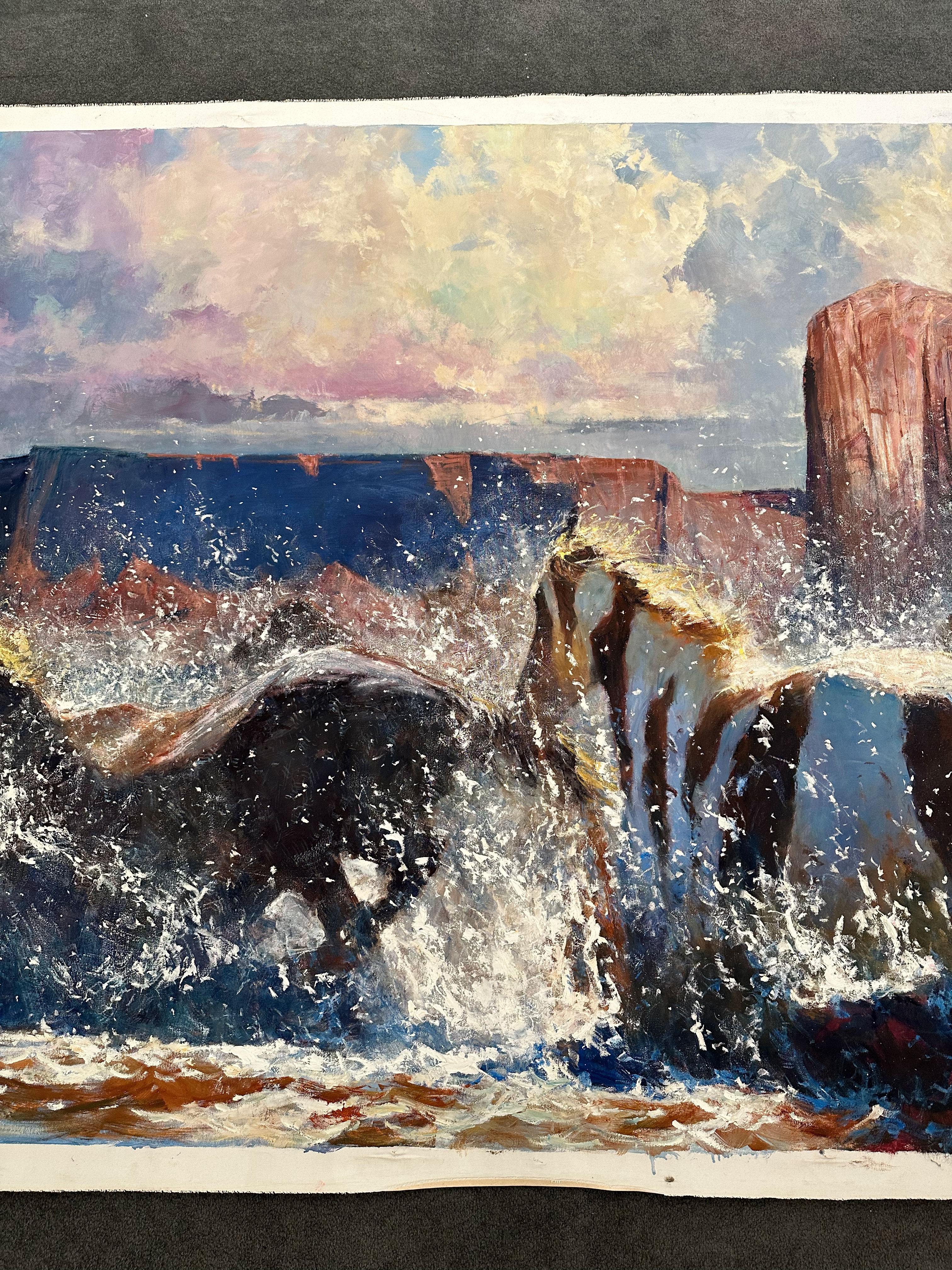 „Moving the Wild Ones“, Robert Hagan, 60x216, Öl/Leinwand, Western, Impressionismus im Angebot 2