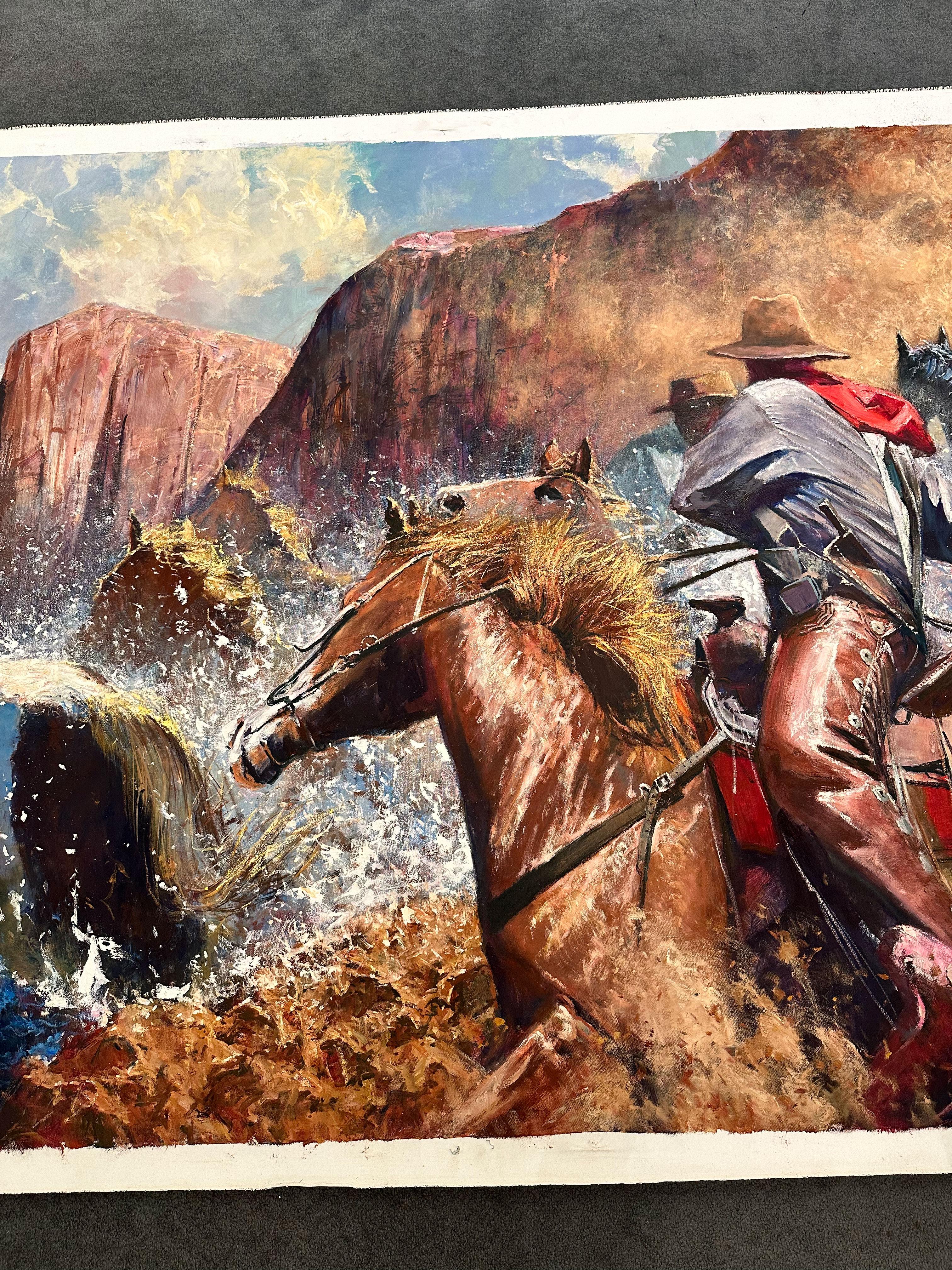 „Moving the Wild Ones“, Robert Hagan, 60x216, Öl/Leinwand, Western, Impressionismus im Angebot 3