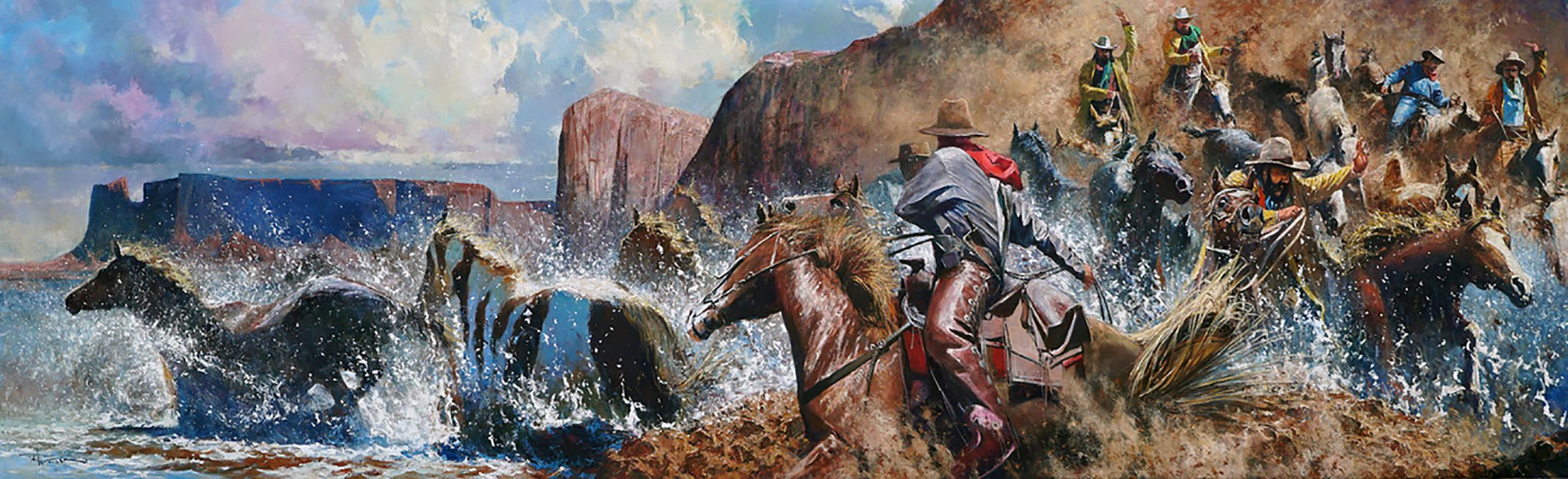 "Moving the Wild Ones" by Robert Hagan is an original oil on canvas and measures 60x216.  
In this large original painting by Robert Hagan, cowboys on horseback run through the canyon mountains kicking up dust and trying to reign in runaway mustangs