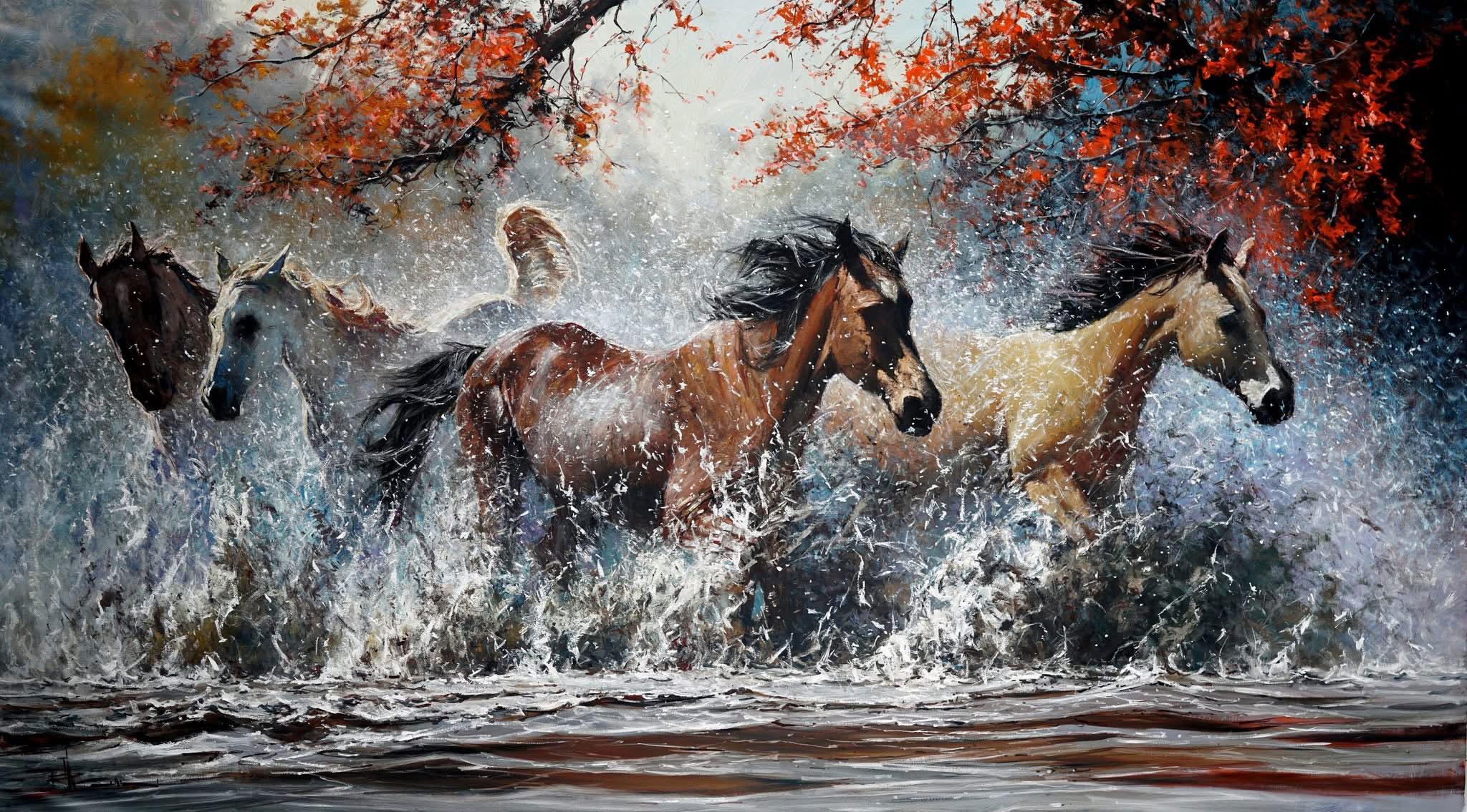"Out From Cover", Robert Hagan, 58.5x102 in., Oil on Canvas, Western, Horses