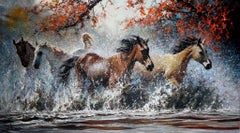 "Fuera de cobertura", Robert Hagan, 58,5x102 pulg., Óleo sobre lienzo, Western, Caballos